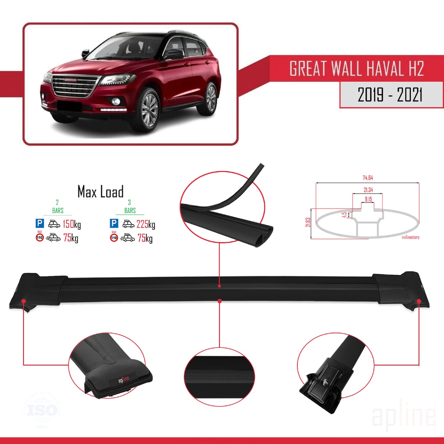 Compatibile con Great Wall Haval H2 2019-2021 modello FLY Barre portatutto per auto Portapacchi in alluminio nero 2 barre