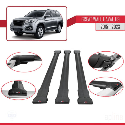 Compatibile con Great Wall Haval H9 2015-2023 modello FLY Barre portatutto per auto Portapacchi in alluminio nero 3 barre