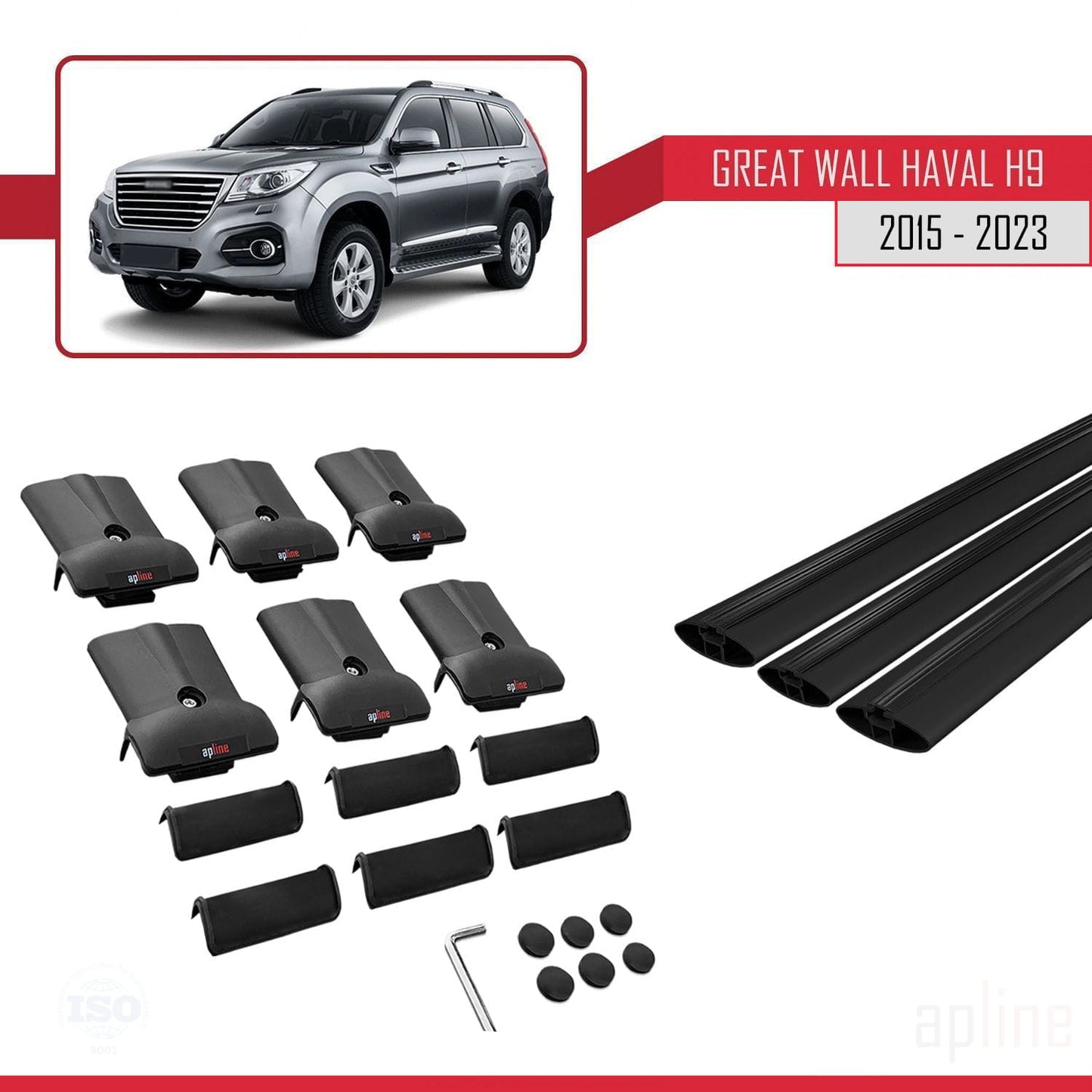 Compatibile con Great Wall Haval H9 2015-2023 modello FLY Barre portatutto per auto Portapacchi in alluminio nero 3 barre