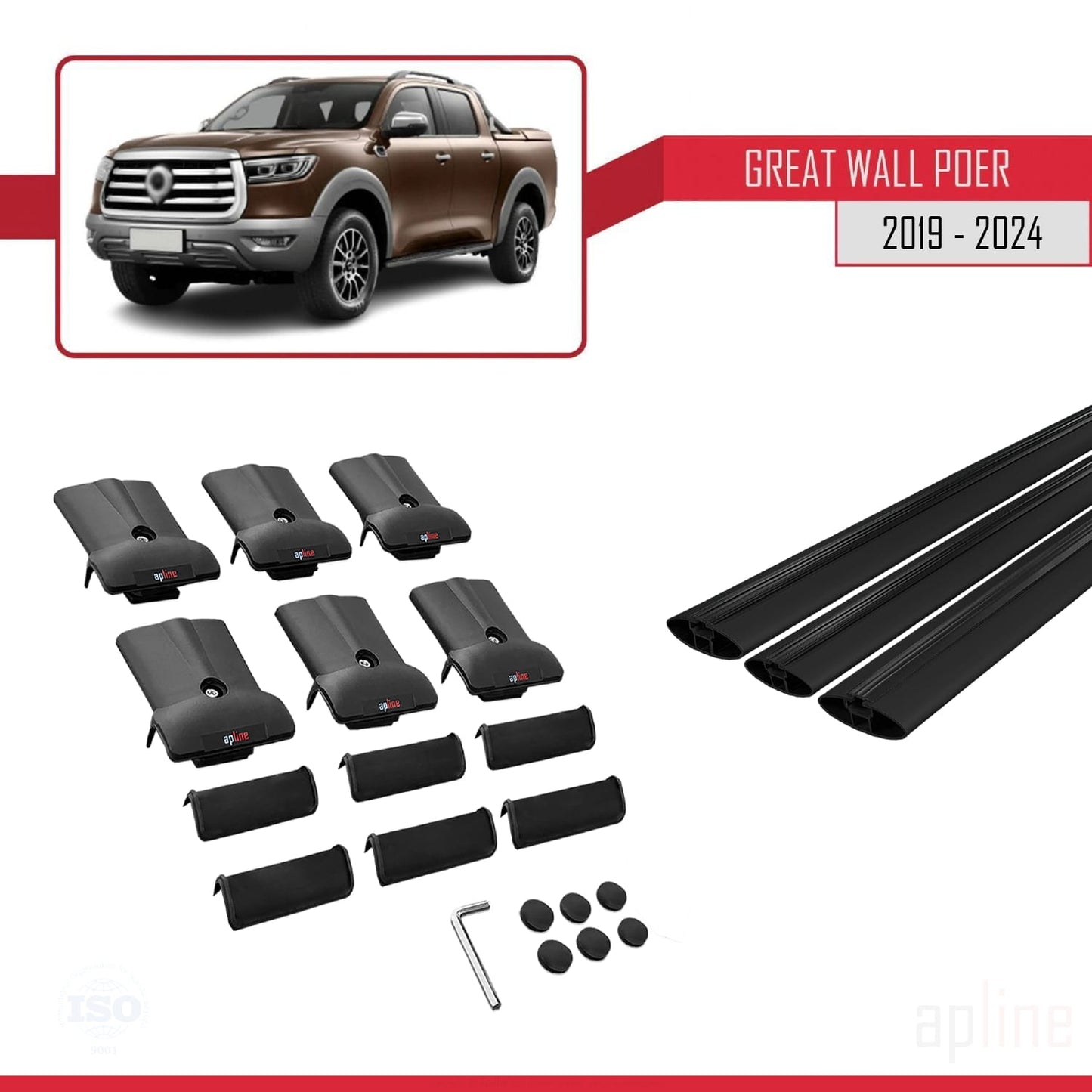 Compatibile con barre portatutto Great Wall Pioneer 2019-2025 Fly Model, portapacchi per auto, alluminio nero, 3 barre
