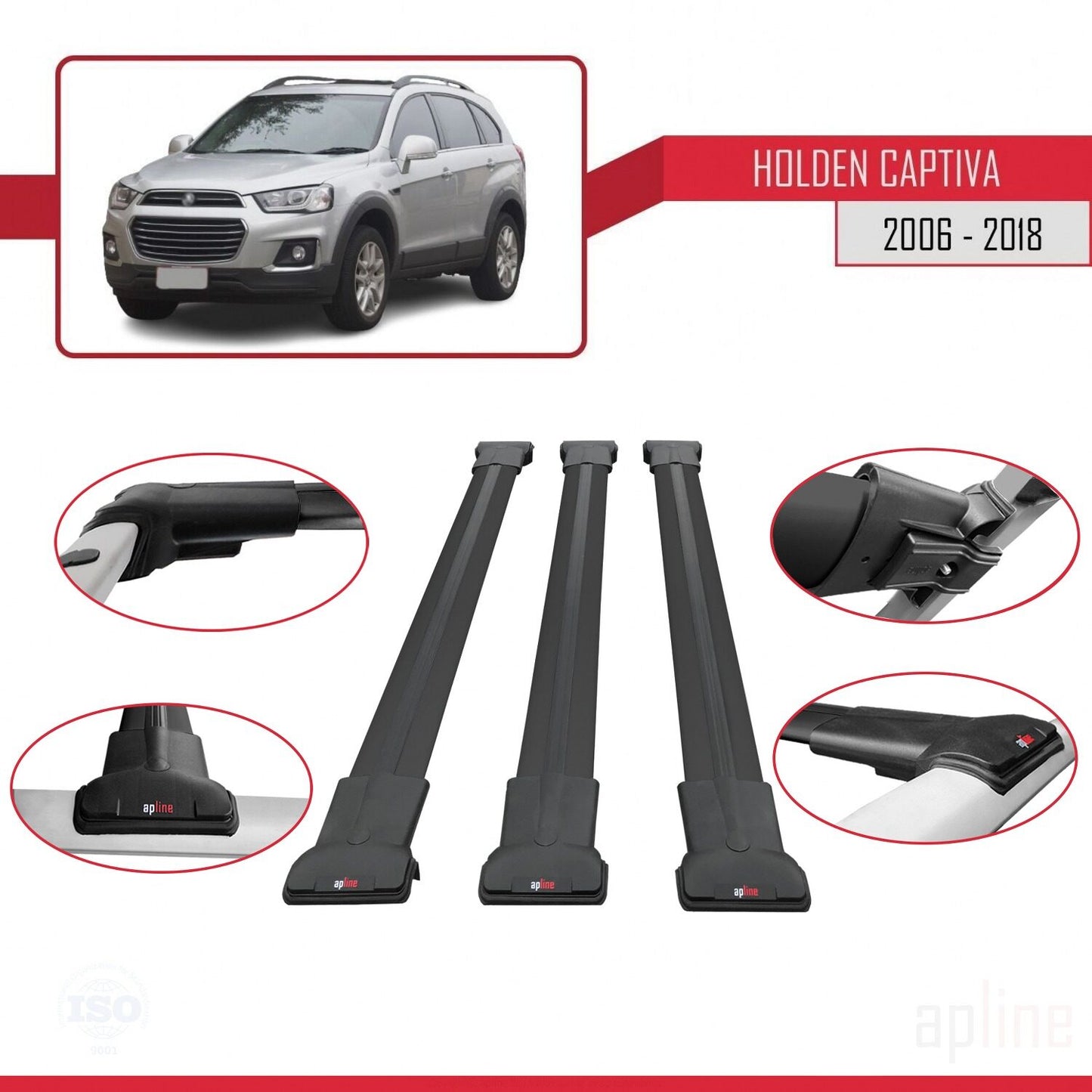 Compatibile con Holden Captiva 2006-2018 modello FLY Barre portatutto per auto Portapacchi in alluminio nero 3 barre