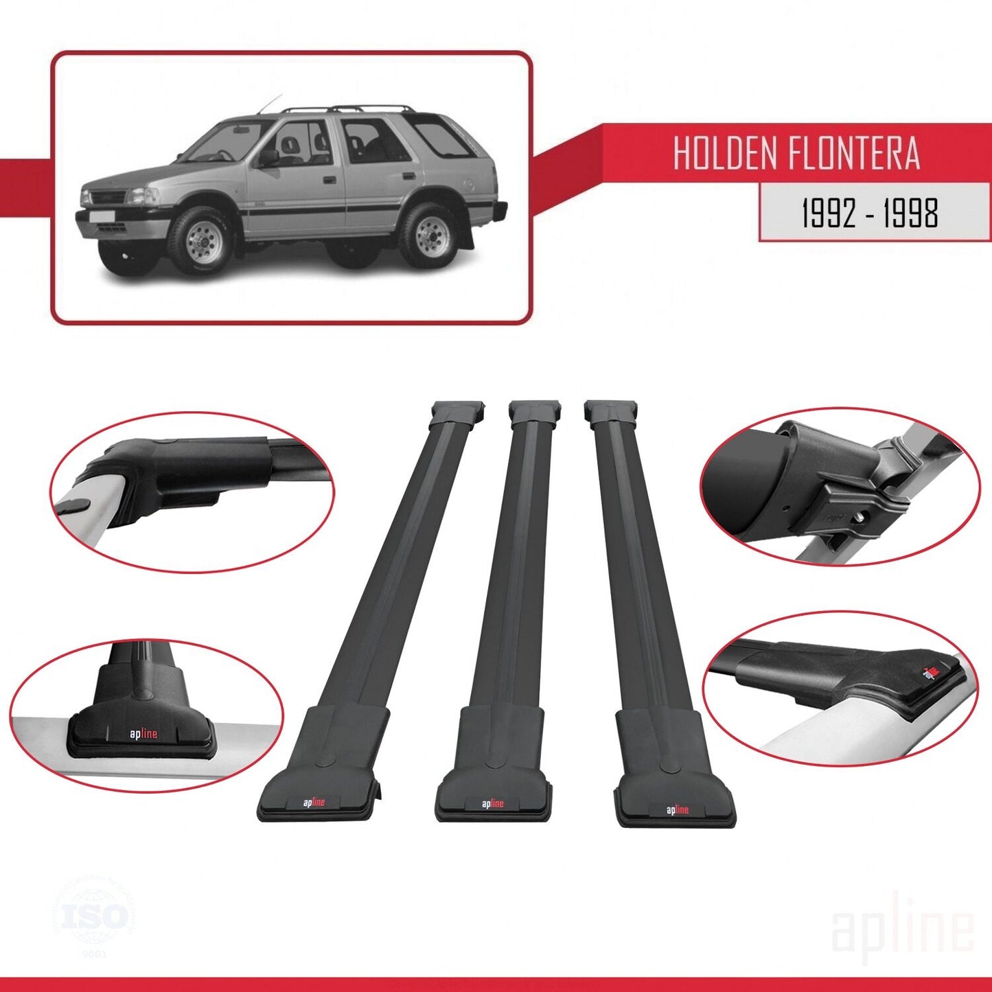 Compatibile con Holden Frontera 1992-1998 modello FLY Barre portatutto per auto Portapacchi in alluminio nero 3 barre