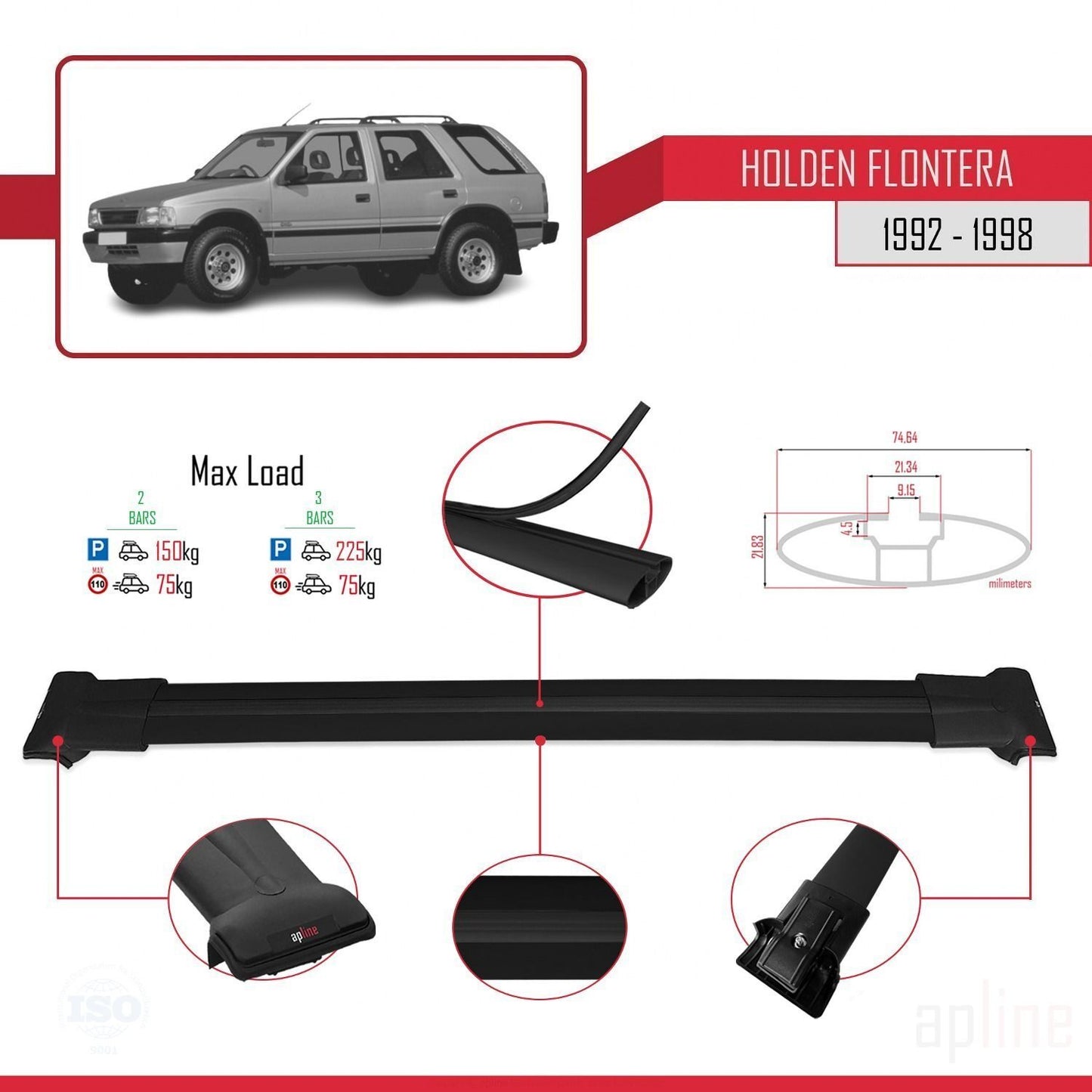 Compatibile con Holden Frontera 1992-1998 modello FLY Barre portatutto per auto Portapacchi in alluminio nero 2 barre