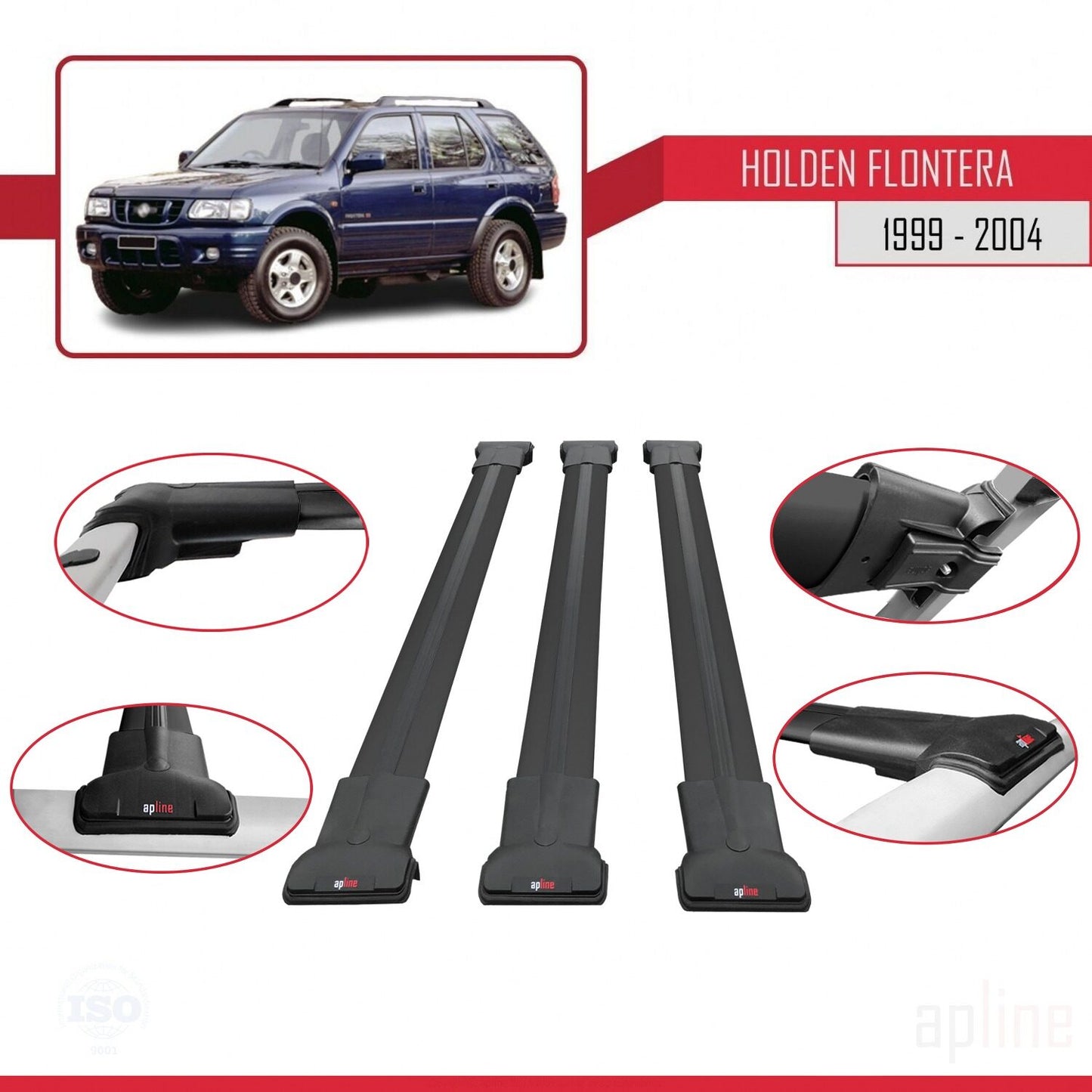 Compatibile con Holden Frontera 2 1999-2004 modello FLY Barre portatutto per auto Portapacchi in alluminio nero 3 barre