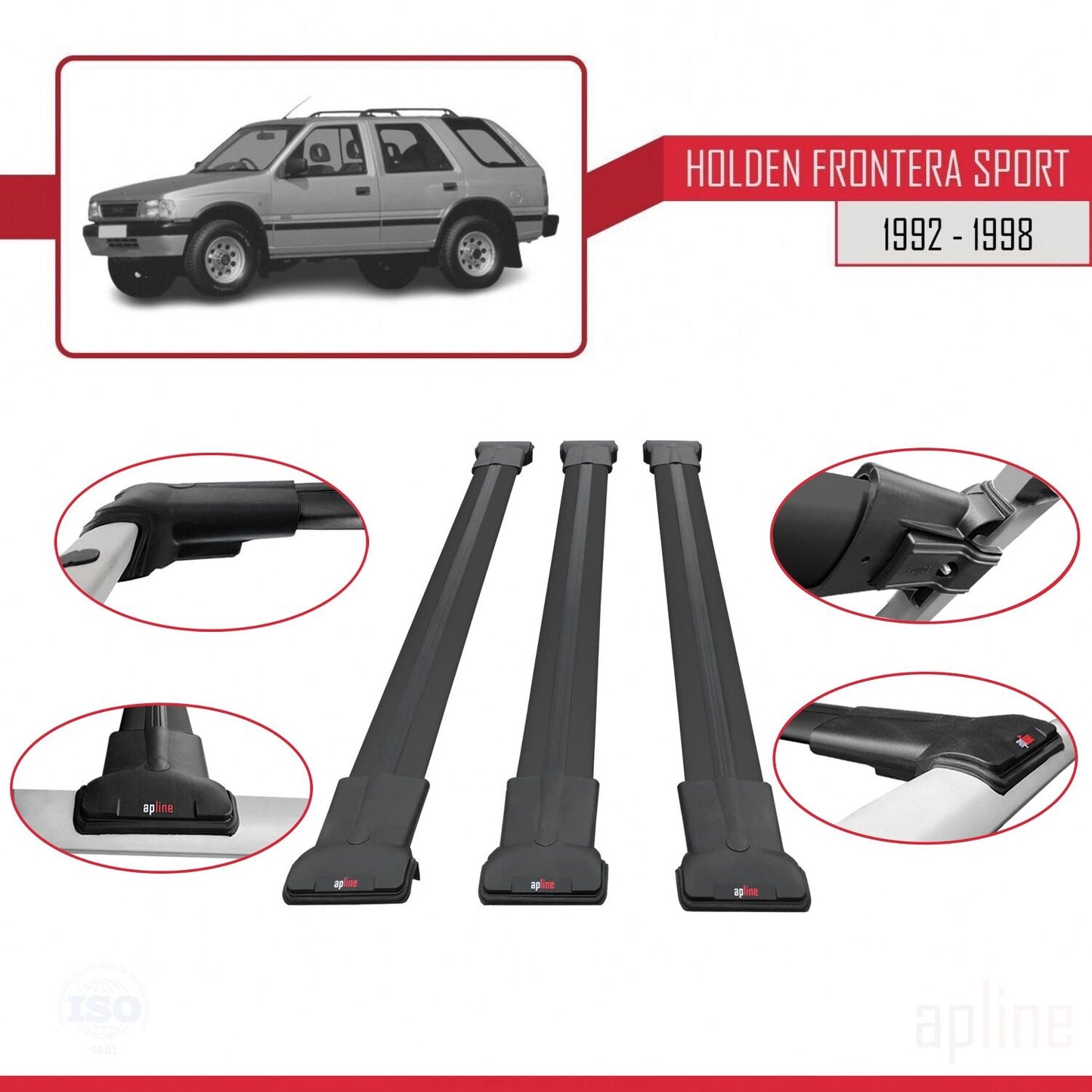 Compatibile con Holden Frontera Sport 1992-1998 modello FLY Barre portatutto per auto Portapacchi in alluminio nero 3 barre