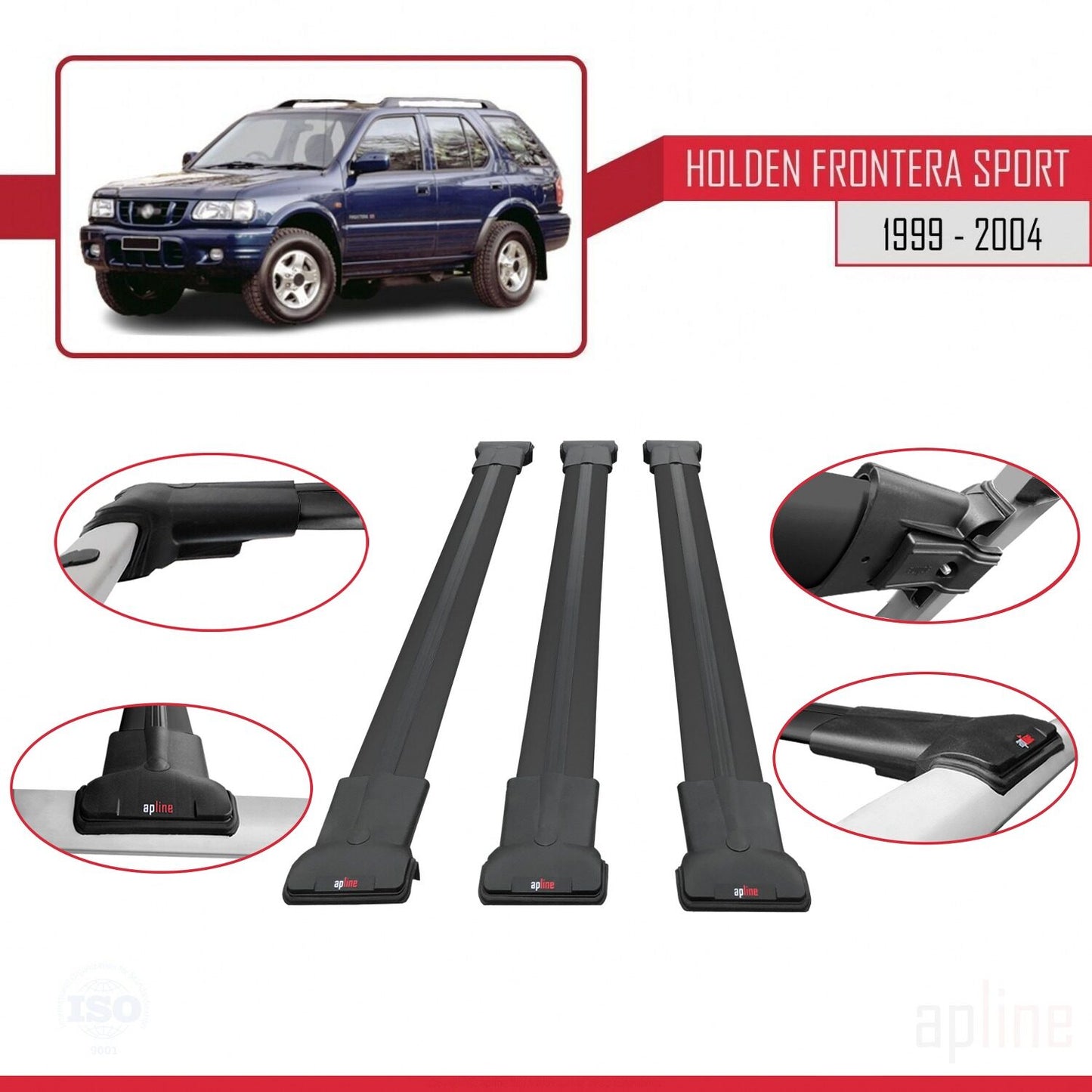Compatibile con Holden Frontera Sport 2 1999-2004 modello FLY Barre portatutto per auto Portapacchi in alluminio nero 3 barre