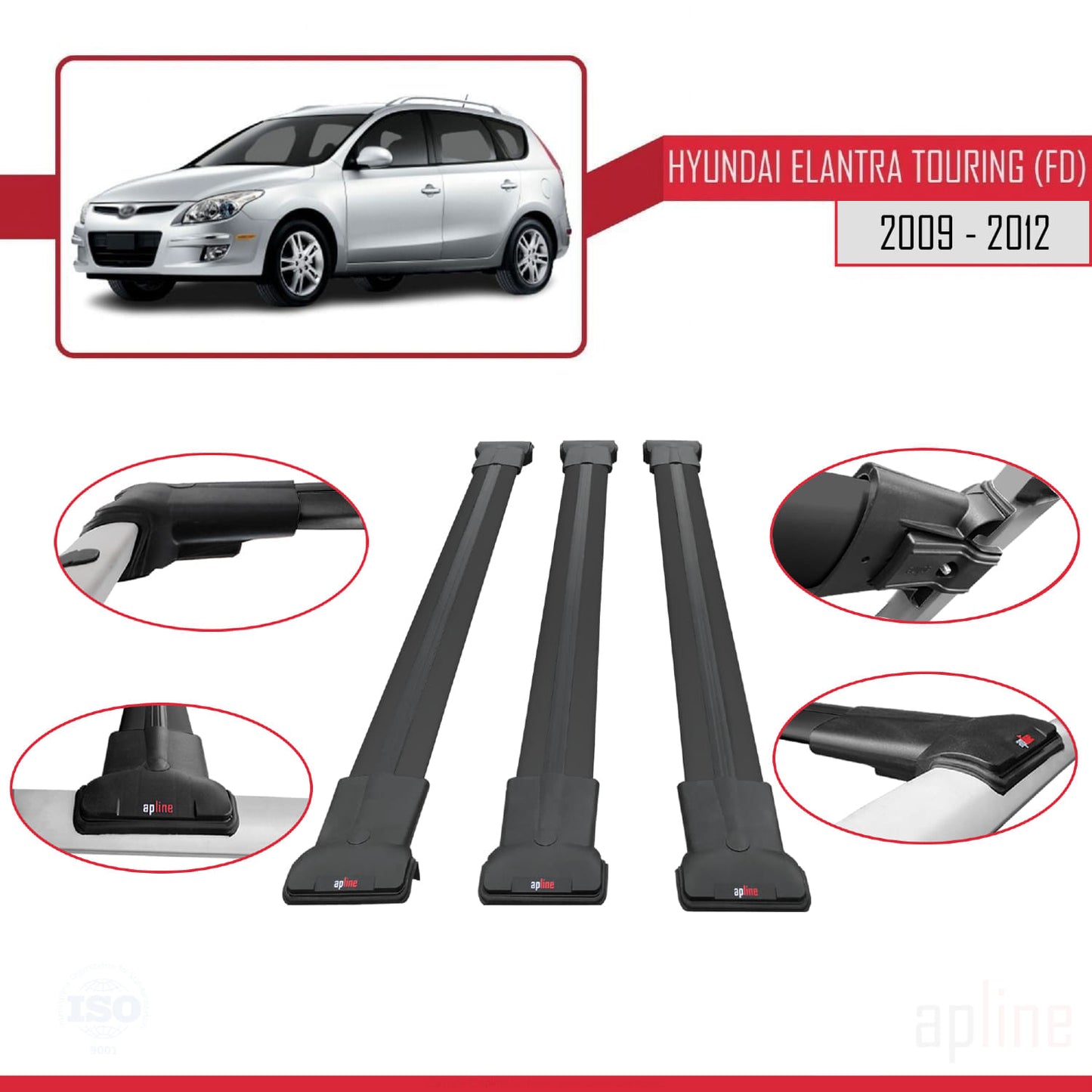 Compatible with Hyundai Elantra Touring (FD) 2009-2012 FLY Model Car Roof Rack Cross Bar Black Aluminium 3 Bars