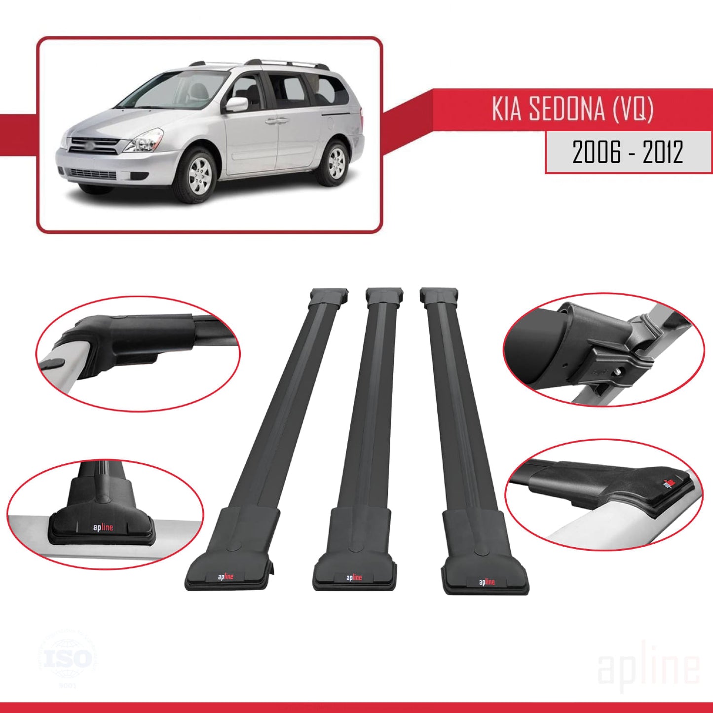 Compatible with Kia Sedona 2 (VQ) 2006-2012 FLY Model Car Roof Rack Cross Bar Black Aluminium 3 Bars