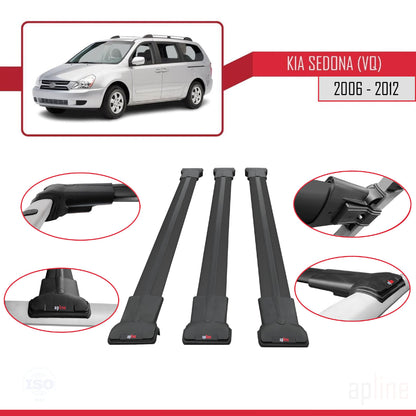 Compatible with Kia Sedona 2 (VQ) 2006-2012 FLY Model Car Roof Rack Cross Bar Black Aluminium 3 Bars