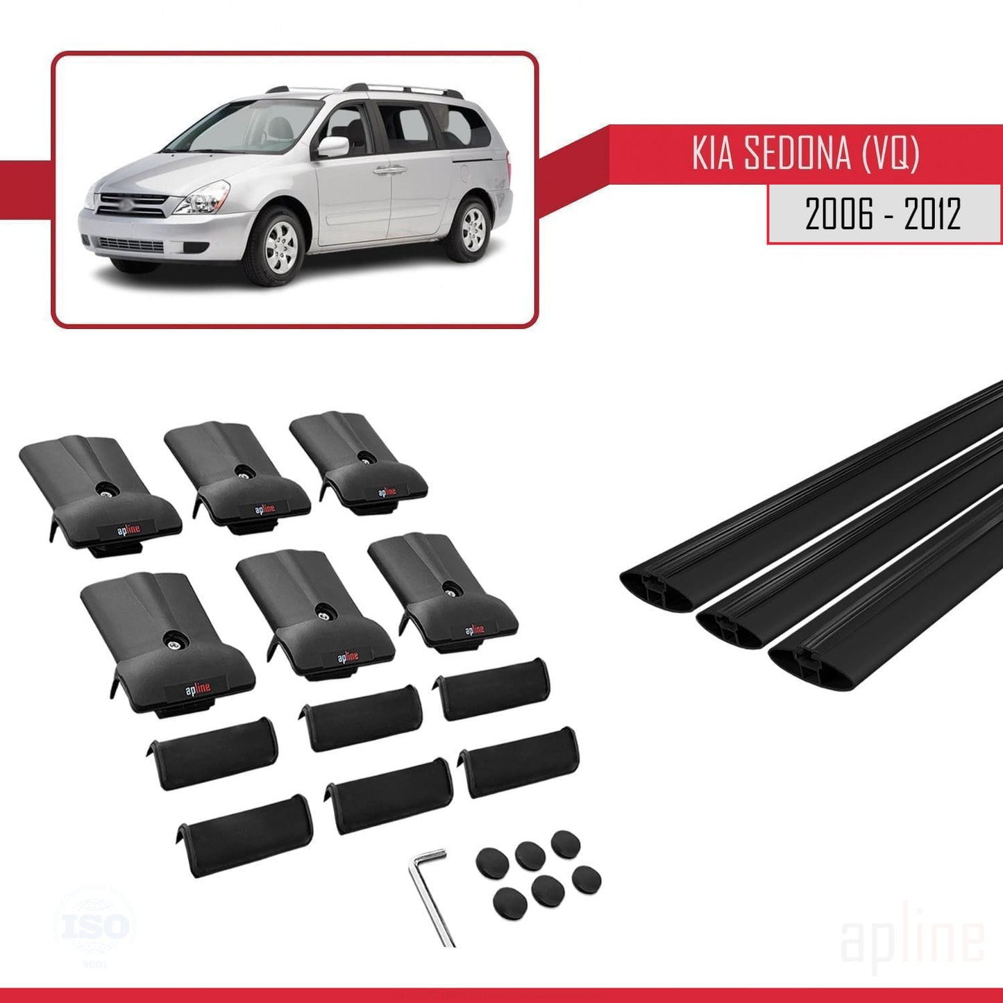 Compatible with Kia Sedona 2 (VQ) 2006-2012 FLY Model Car Roof Rack Cross Bar Black Aluminium 3 Bars
