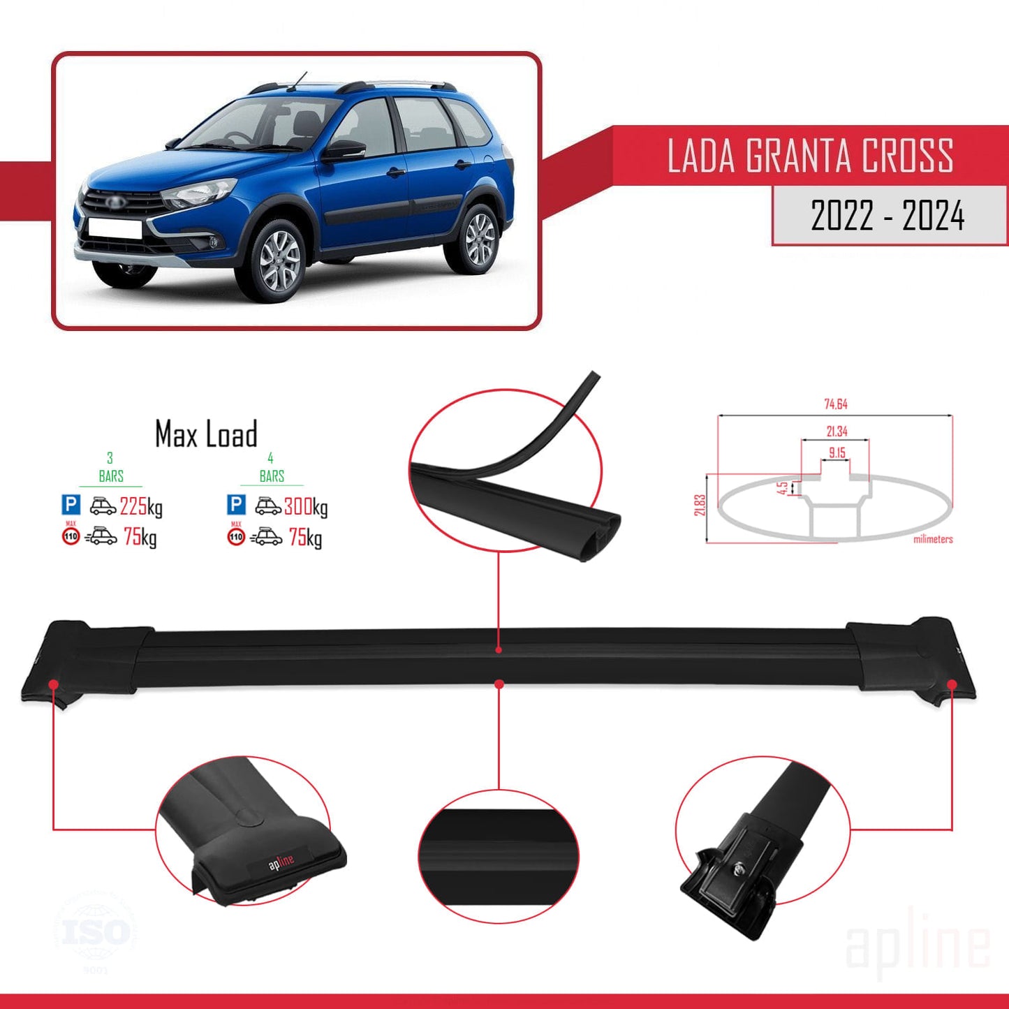 Compatible with Lada Granta Cross 2022-2024 FLY Model Car Roof Rack Cross Bar Black Aluminium 3 Bars