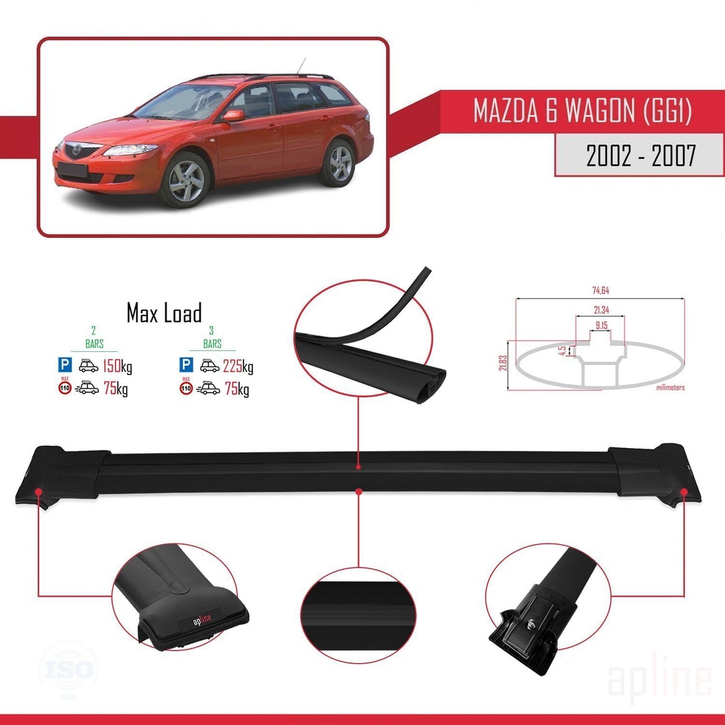 Compatible avec Mazda 6 I (GG1) 2002-2007 FLY Model Barres de Toit Railing Porte-Bagages de Voiture Noir Aluminium 2 Barres