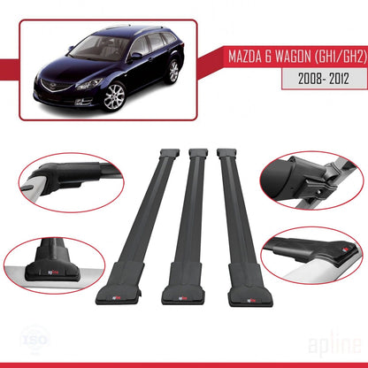 Compatible avec Mazda 6 II (GZ) Wagon 2008-2012 FLY Model Barres de Toit Railing Porte-Bagages de Voiture Noir Aluminium 3 Barres