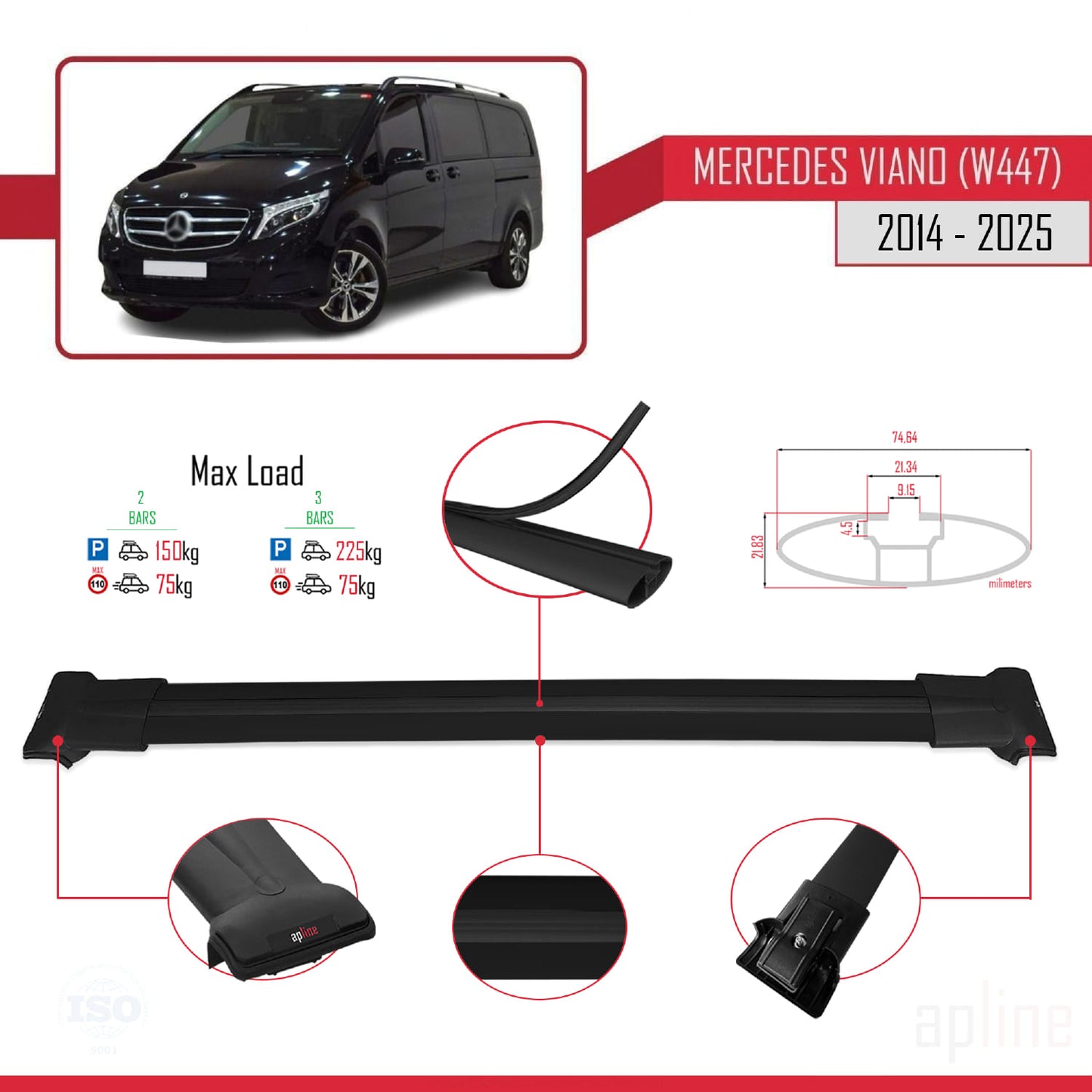 Compatible with Mercedes Viano 3 (W447) 2014-2025 FLY Model Car Roof Rack Cross Bar Black Aluminium 2 Bars