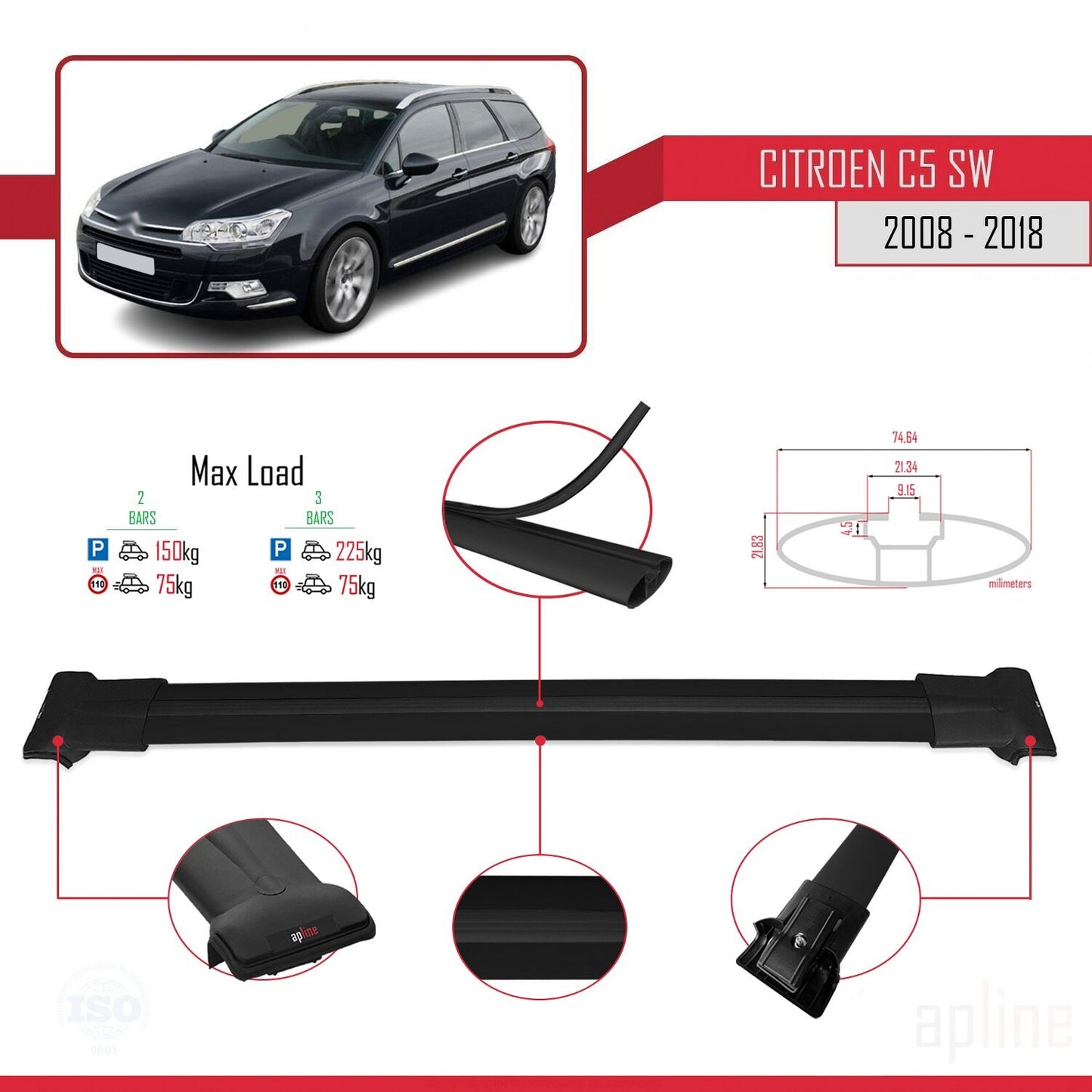 Compatibile con Citroen C5 II Tourer 2008-2018 modello FLY Barre portatutto per auto Portapacchi in alluminio nero 2 barre