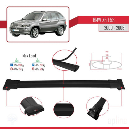 Compatibile con BMW X5 (E53) 2000-2006 modello FLY Barre portatutto per auto Portapacchi in alluminio nero 2 barre