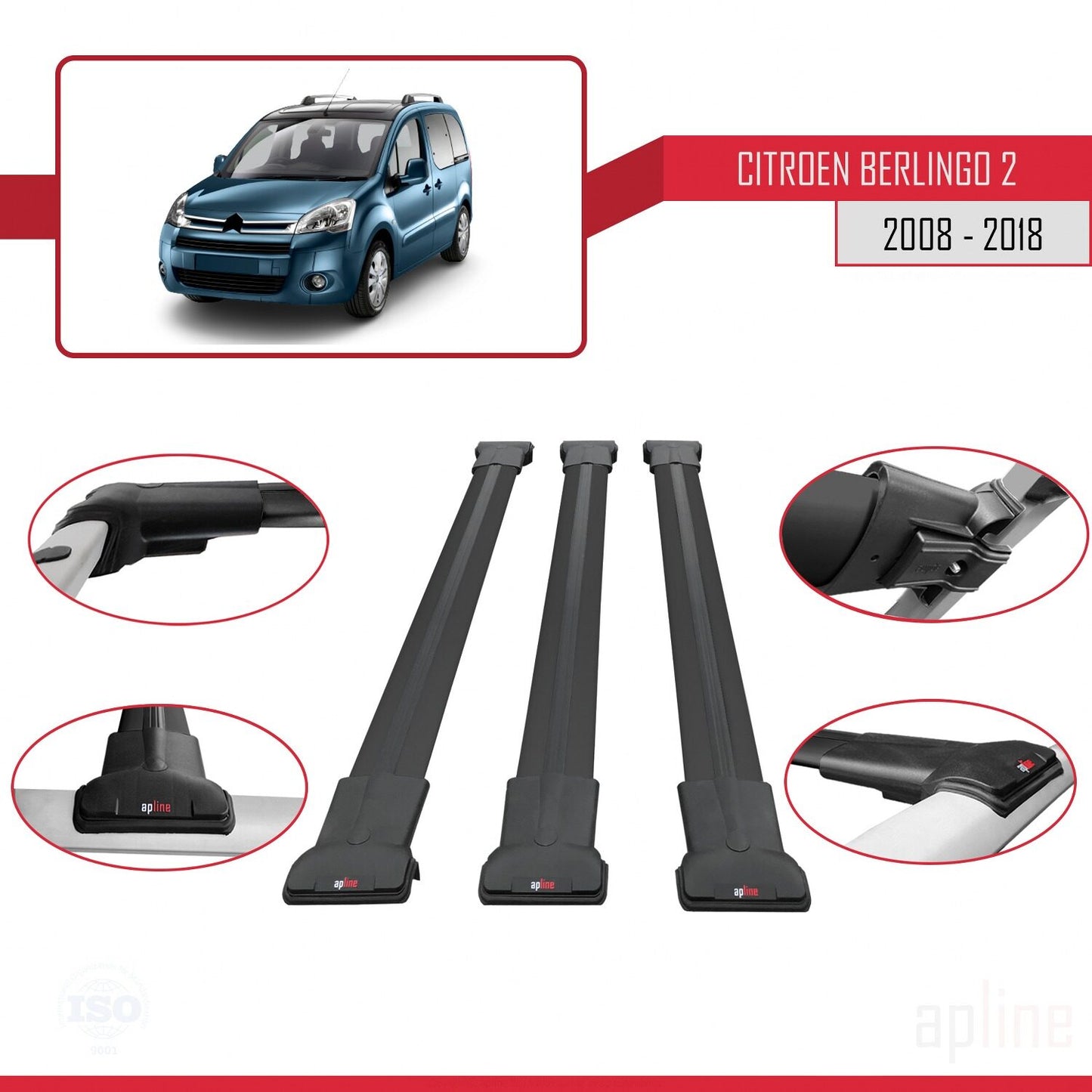 Compatibile con Citroen Berlingo 2 (B9) 2008-2018 modello FLY Barre portatutto per auto Portapacchi in alluminio nero 3 barre