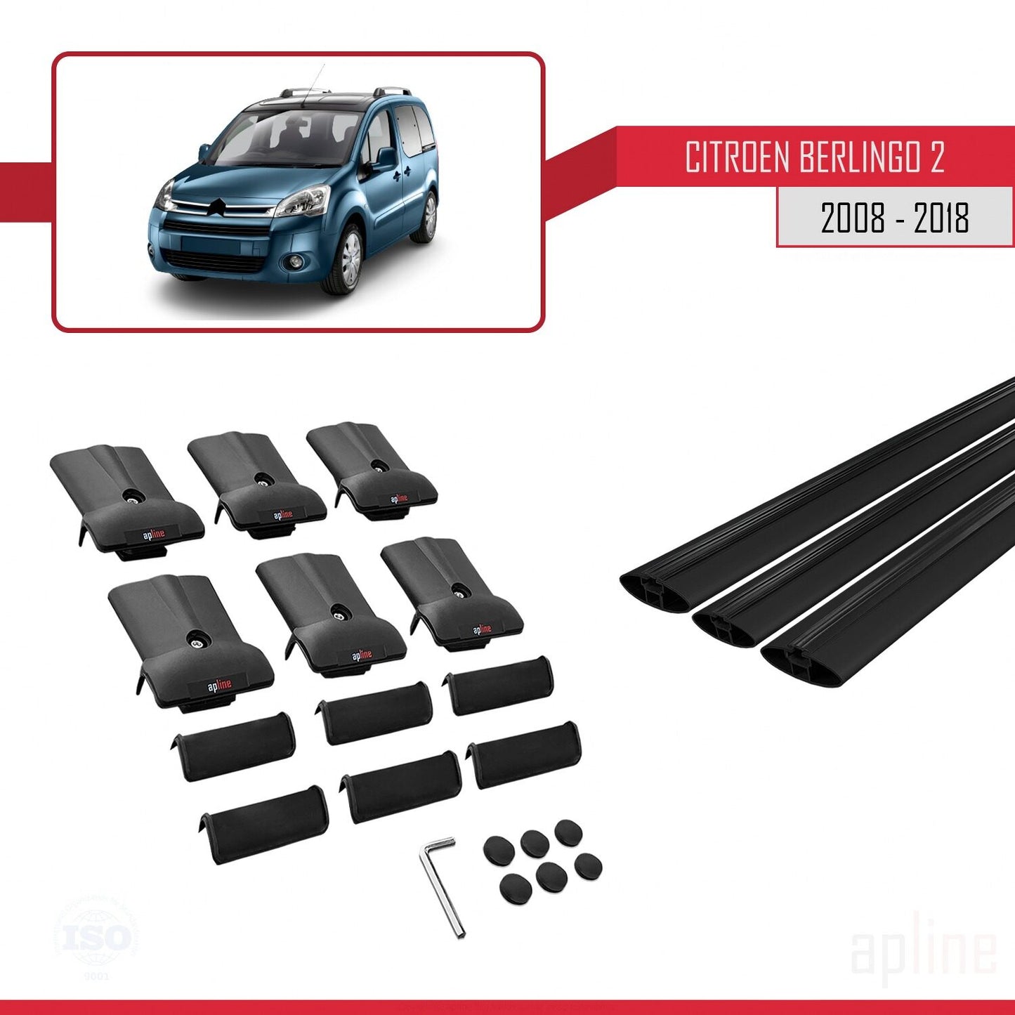 Compatibile con Citroen Berlingo 2 (B9) 2008-2018 modello FLY Barre portatutto per auto Portapacchi in alluminio nero 3 barre