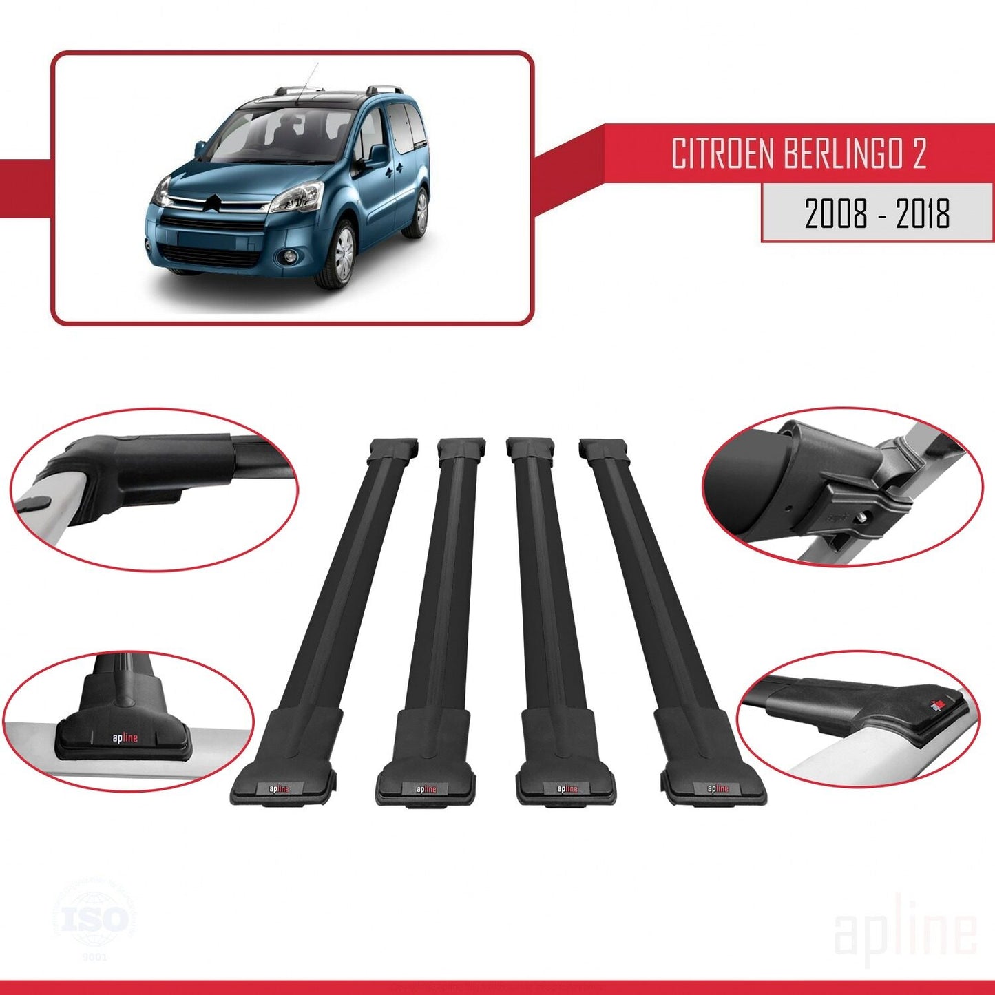Compatibile con Citroen Berlingo 2 (B9) 2008-2018 modello FLY Barre portatutto per auto Portapacchi in alluminio nero 4 barre