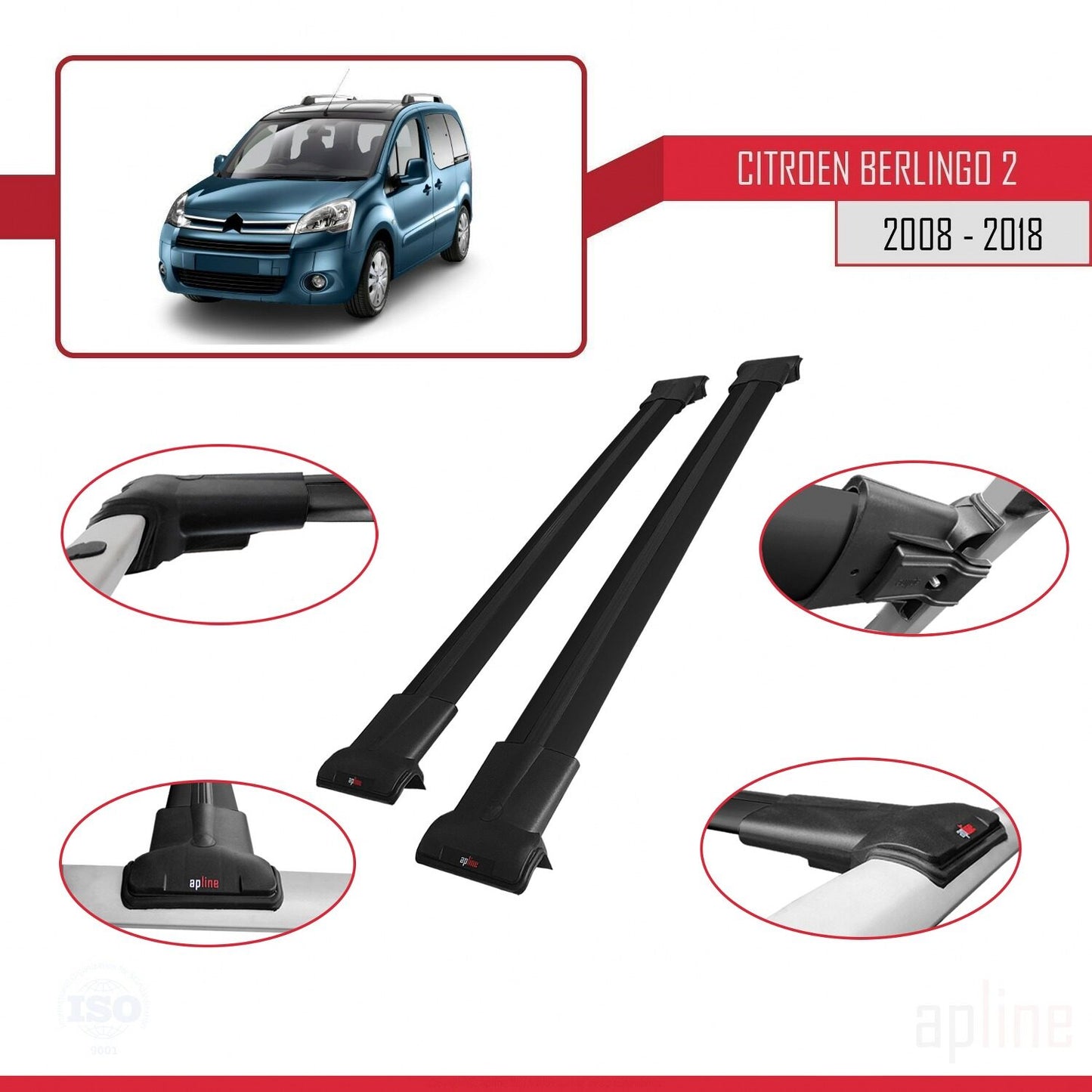 Compatibile con Citroen Berlingo 2 (B9) 2008-2018 modello FLY Barre portatutto per auto Portapacchi in alluminio nero 2 barre