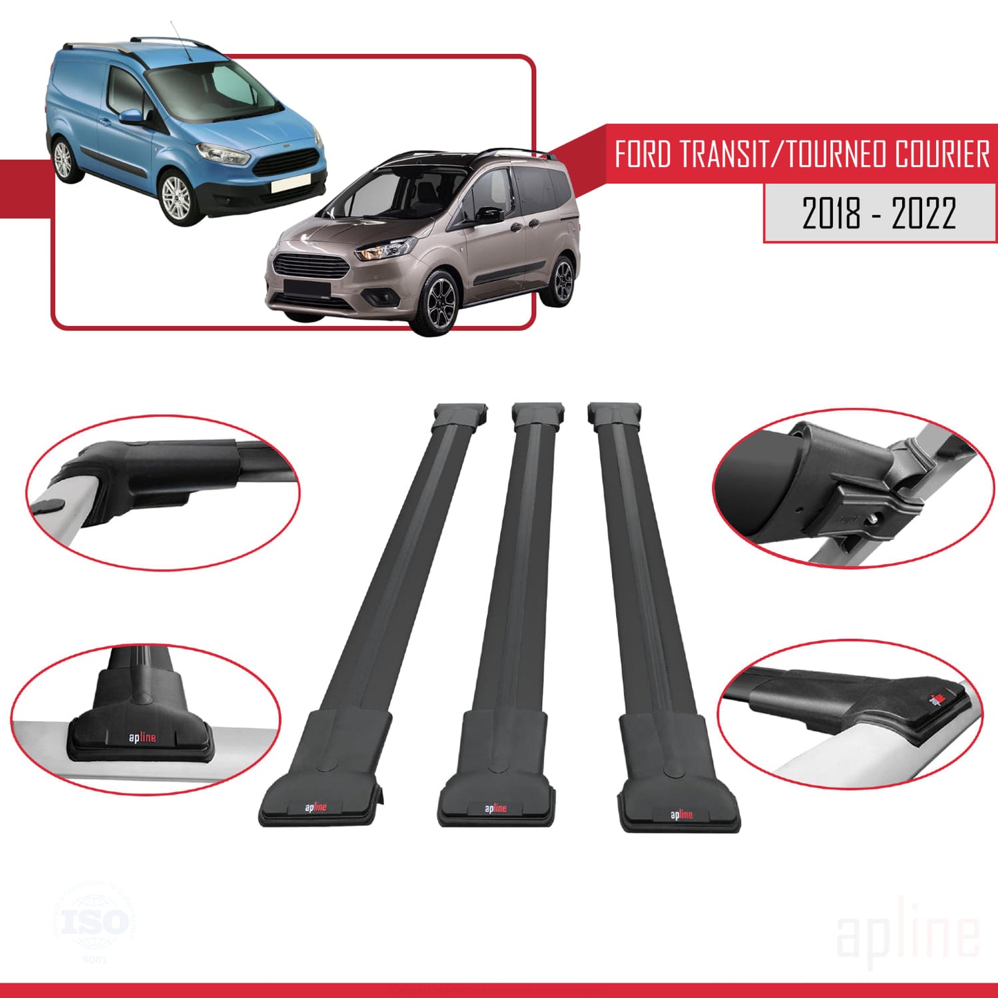 Compatibile con Ford Transit/Tourneo Courier Post-Facelift 2018-2022 modello FLY Barre portatutto per auto Portapacchi in alluminio nero 3 barre