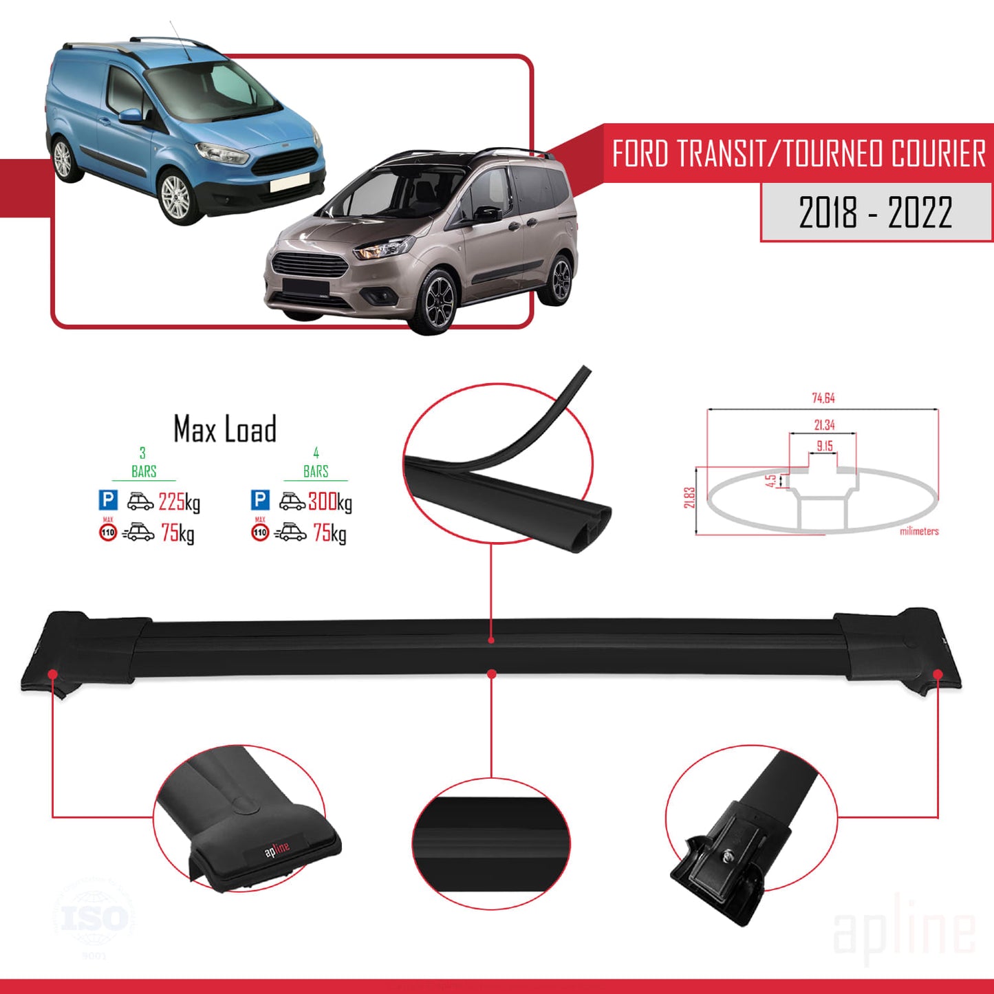 Compatibile con Ford Transit/Tourneo Courier Post-Facelift 2018-2022 modello FLY Barre portatutto per auto Portapacchi in alluminio nero 4 barre