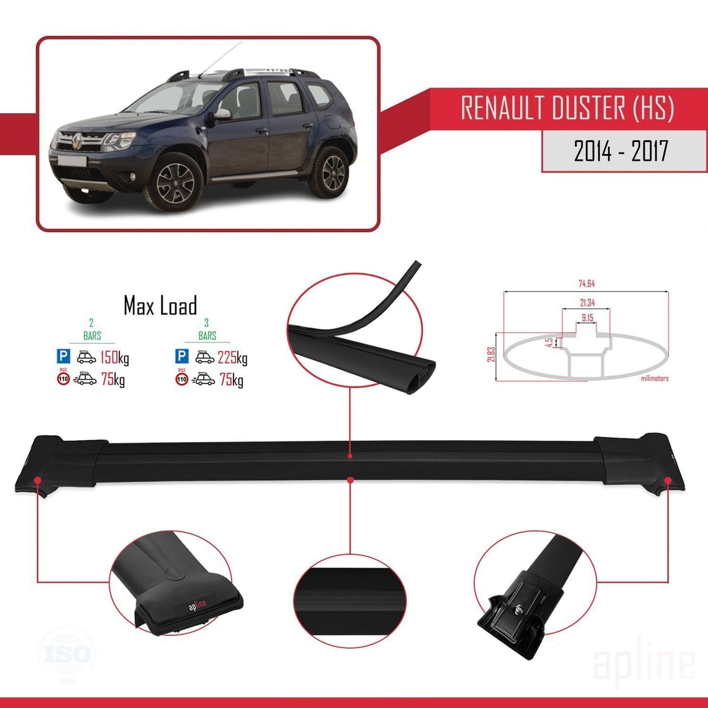 Compatible avec Renault Duster (HS) Post-Facelift 2014-2017 FLY Model Barres de Toit Railing Porte-Bagages de Voiture Noir Aluminium 2 Barres