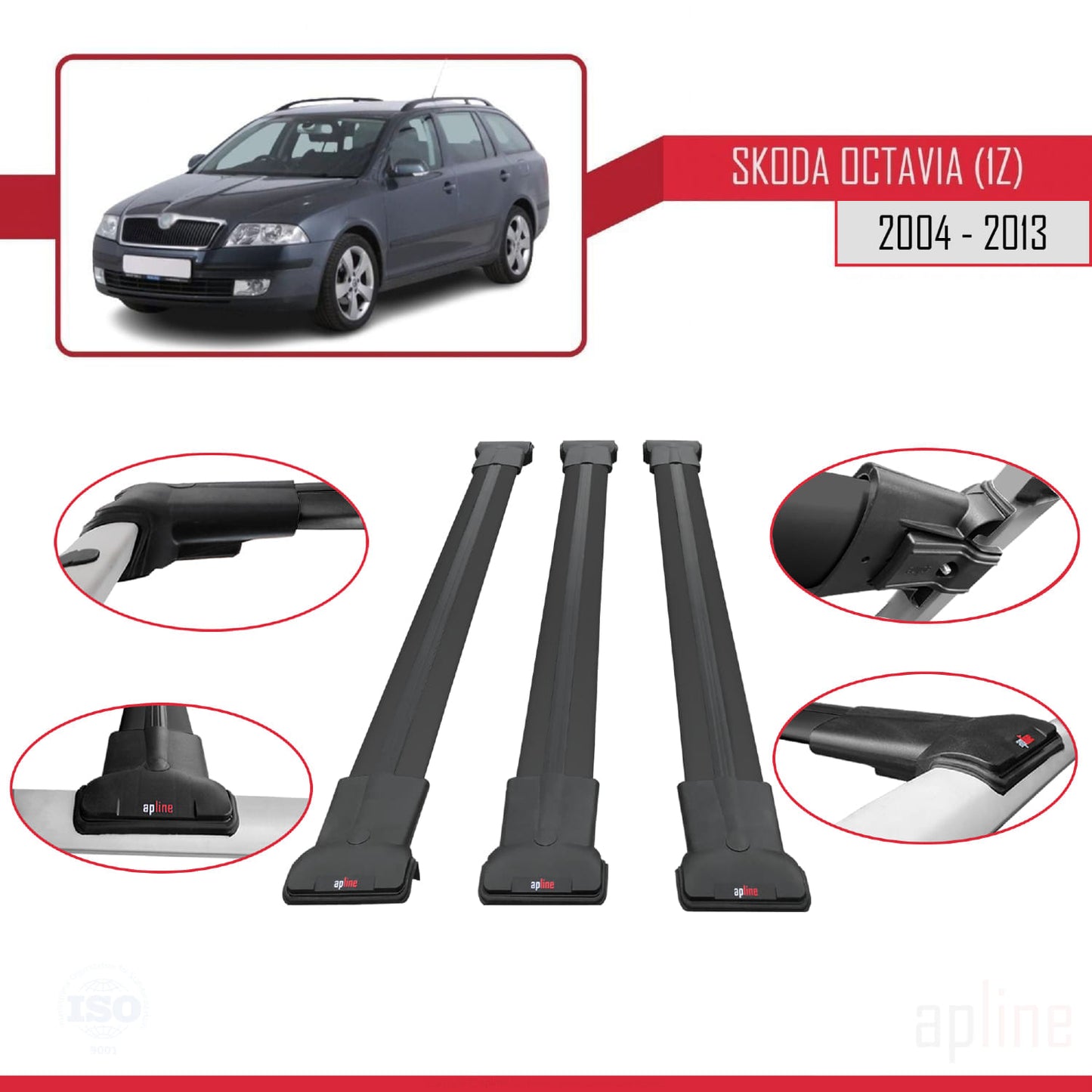 Compatible avec Skoda Octavia 2 (1Z) 2004-2013 FLY Model Barres de Toit Railing Porte-Bagages de Voiture Noir Aluminium 3 Barres