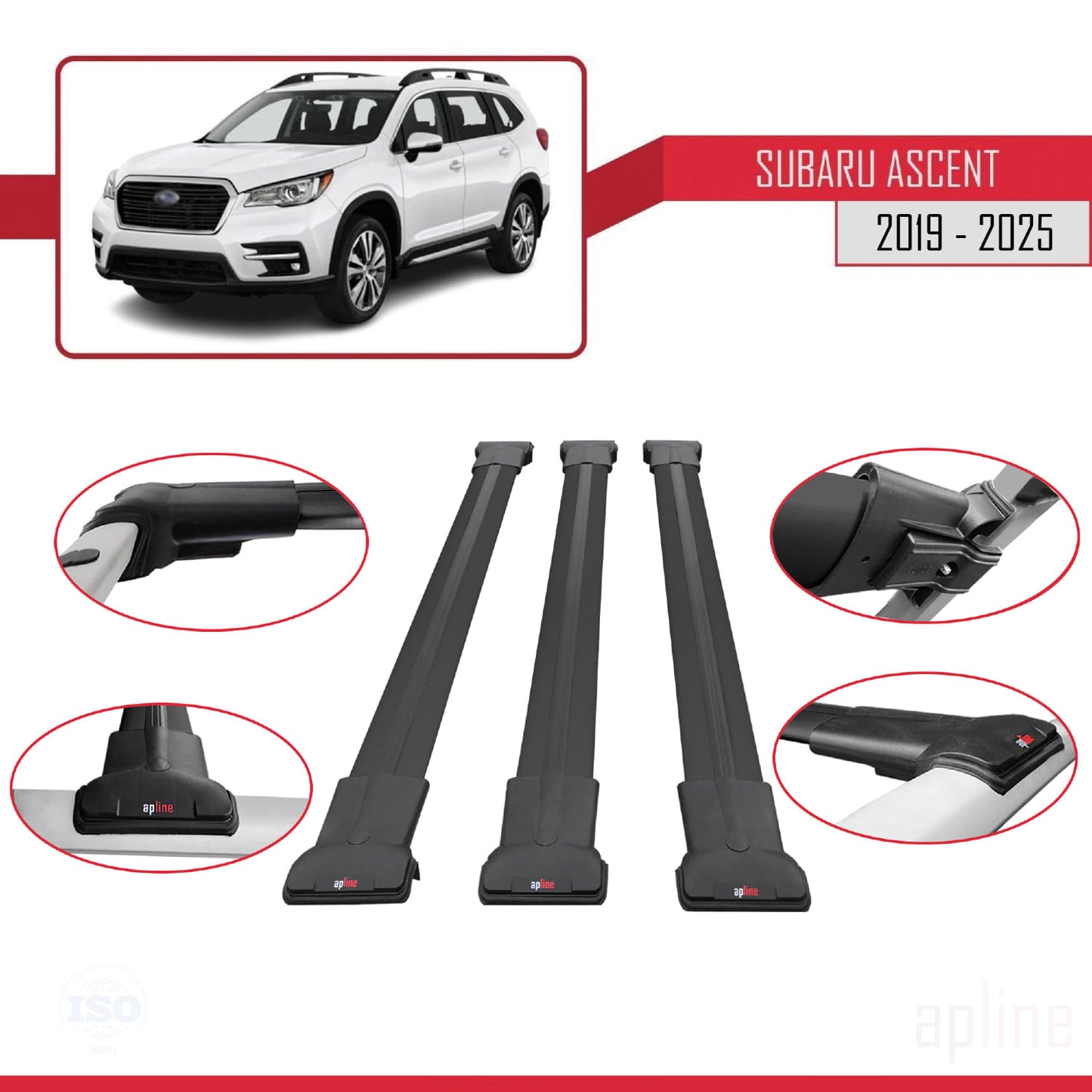 Compatible avec Subaru Ascent 2019-2025 FLY Model Barres de Toit Railing Porte-Bagages de Voiture Noir Aluminium 3 Barres