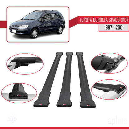 Compatible avec Toyota Corolla Spacio (E110) 1997-2001 FLY Model Barres de Toit Railing Porte-Bagages de Voiture Noir Aluminium 3 Barres