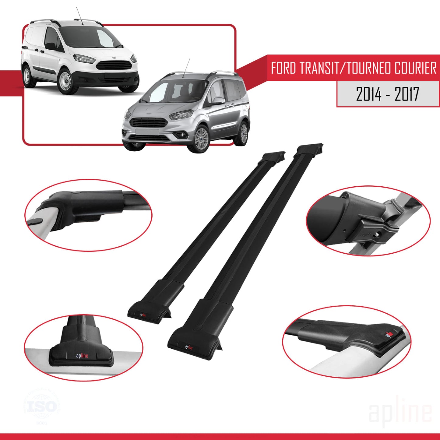 Compatibile con Ford Transit/Tourneo Courier Pre-Facelift 2014-2017 modello FLY Barre portatutto per auto Portapacchi in alluminio nero 2 barre