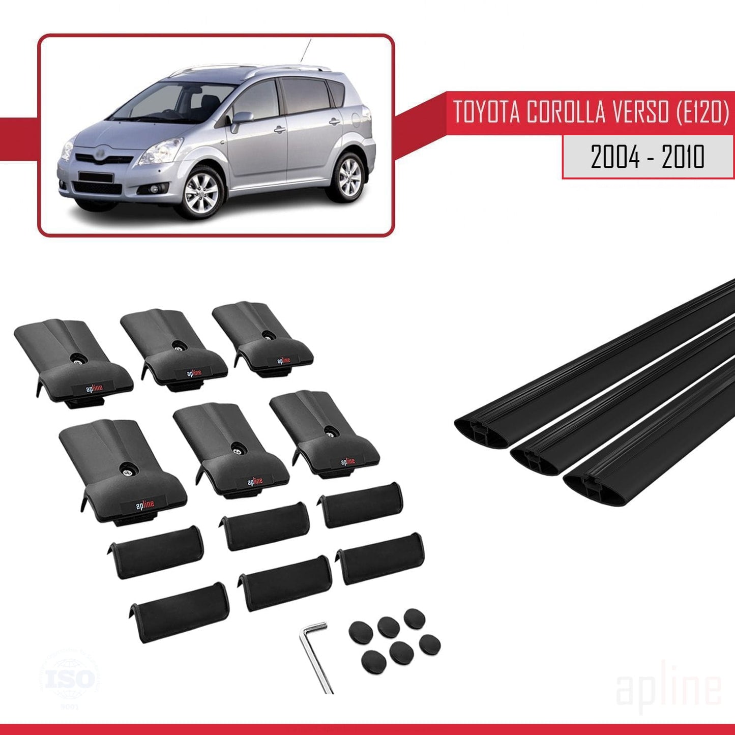 Compatible avec Toyota Corolla Verso 2 (AR10) 2004-2010 FLY Model Barres de Toit Railing Porte-Bagages de Voiture Noir Aluminium 3 Barres