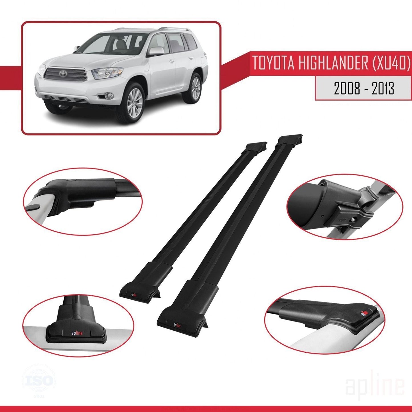 Compatible avec Toyota Highlander (XU40) 2008-2013 FLY Model Barres de Toit Railing Porte-Bagages de Voiture Noir Aluminium 2 Barres