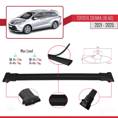 Compatible avec Toyota Sienna 4 (XL40) 2021-2025 FLY Model Barres de Toit Railing Porte-Bagages de Voiture Noir Aluminium 2 Barres