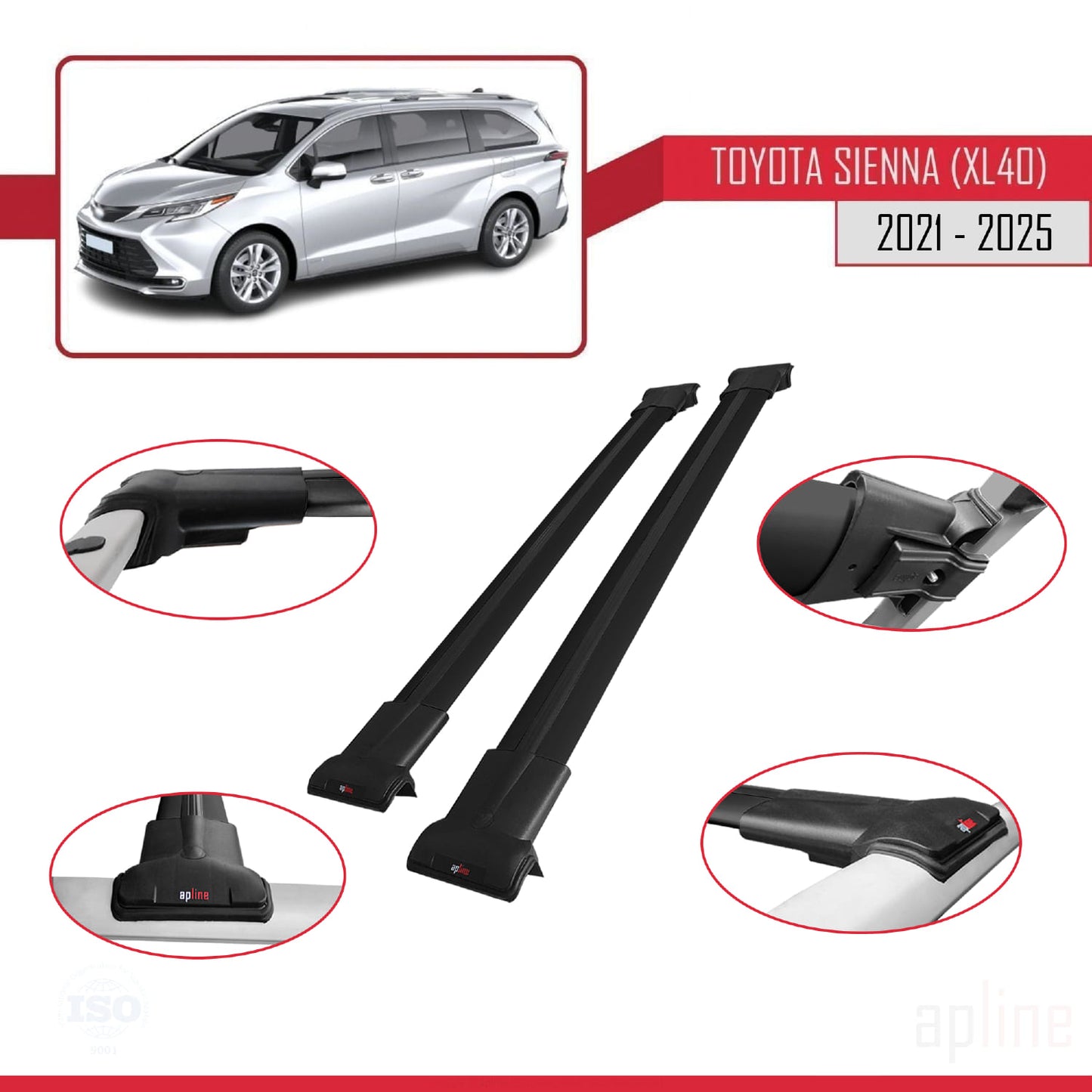 Compatible avec Toyota Sienna 4 (XL40) 2021-2025 FLY Model Barres de Toit Railing Porte-Bagages de Voiture Noir Aluminium 2 Barres