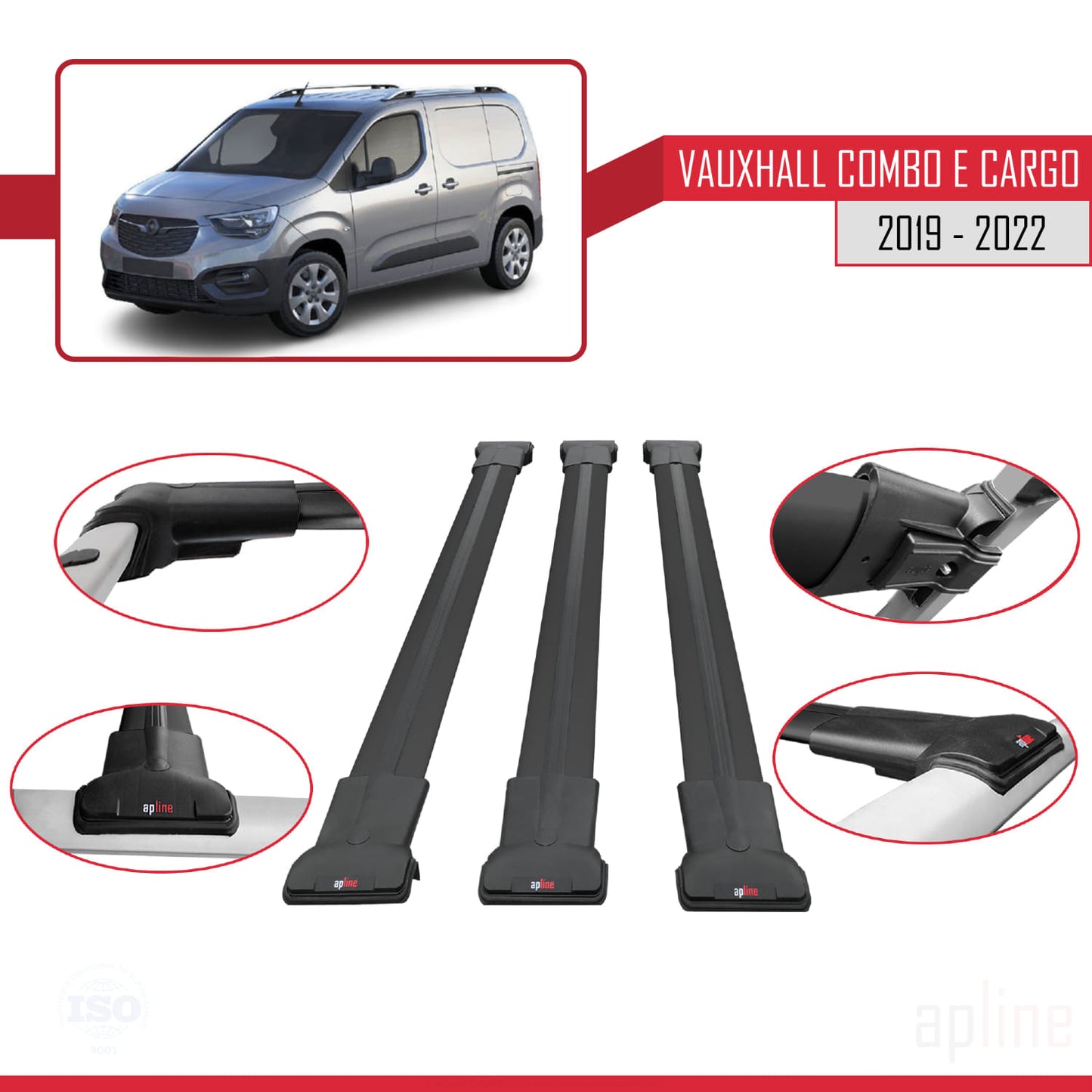 Compatible avec Vauxhall Combo E Cargo 2019-2022 FLY Model Barres de Toit Railing Porte-Bagages de Voiture Noir Aluminium 3 Barres