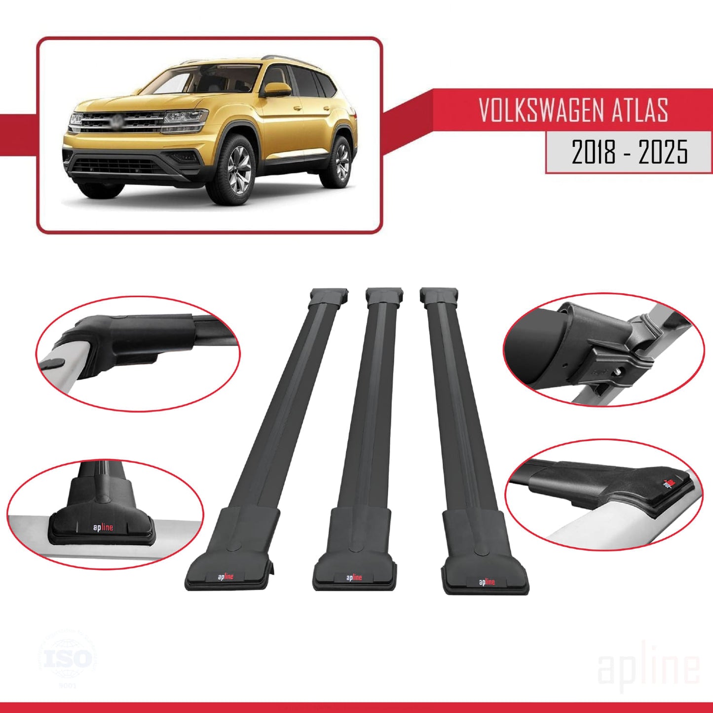 Compatible avec Volkswagen Atlas (CA1) 2018-2025 FLY Model Barres de Toit Railing Porte-Bagages de Voiture Noir Aluminium 3 Barres