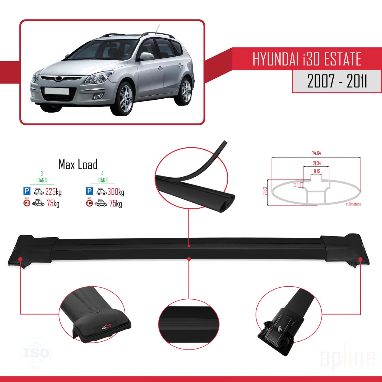 Compatibile con Hyundai i30 (FD) Station Wagon 2007-2011 modello FLY Barre portatutto per auto Portapacchi in alluminio nero 3 barre