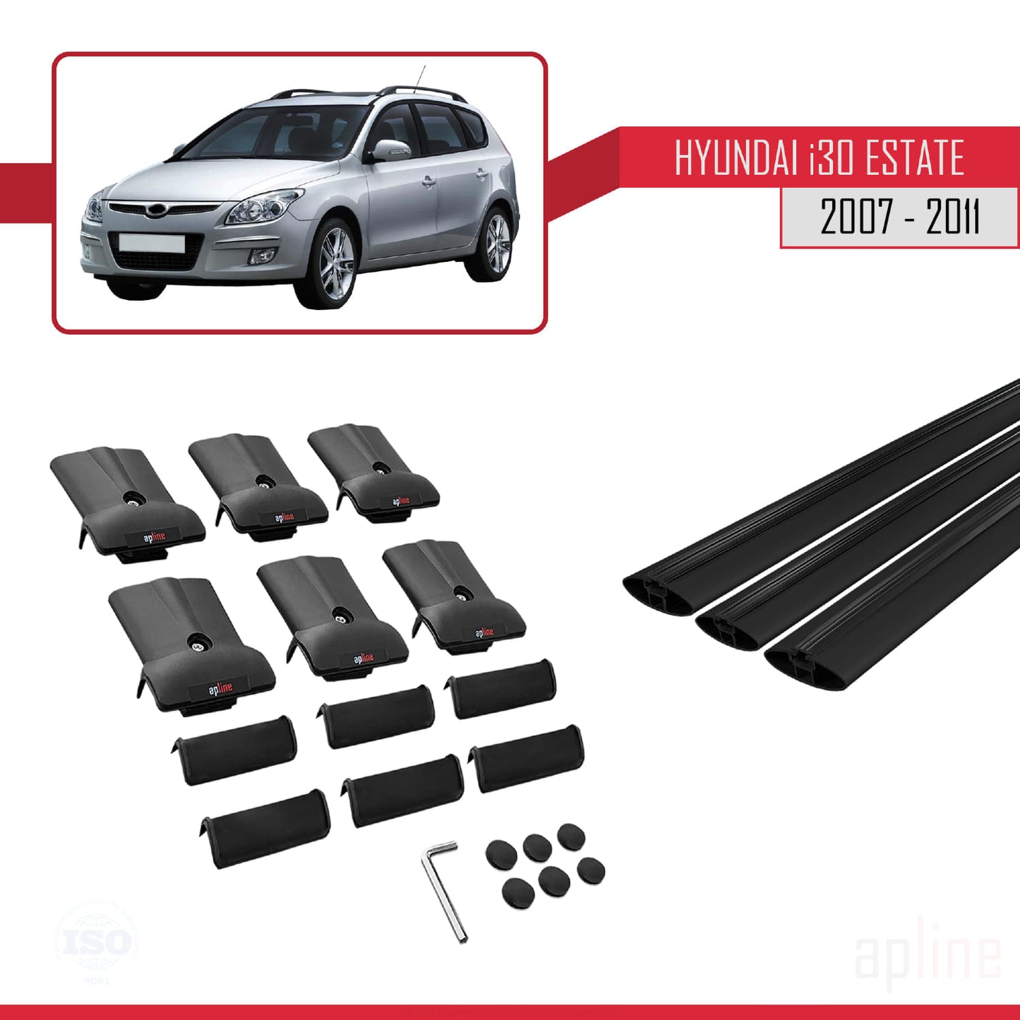 Compatibile con Hyundai i30 (FD) Station Wagon 2007-2011 modello FLY Barre portatutto per auto Portapacchi in alluminio nero 3 barre