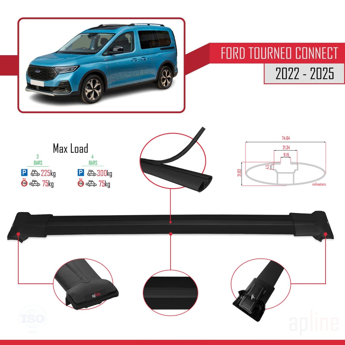 Compatibile con Ford Transit/Tourneo Connect 3 2022-2025 modello FLY Barre portatutto per auto Portapacchi in alluminio nero 3 barre