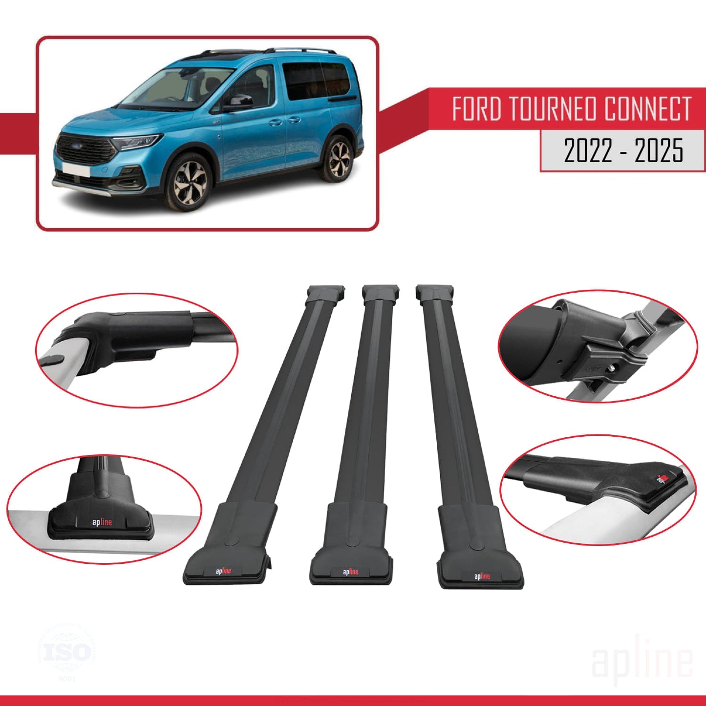 Compatibile con Ford Transit/Tourneo Connect 3 2022-2025 modello FLY Barre portatutto per auto Portapacchi in alluminio nero 3 barre