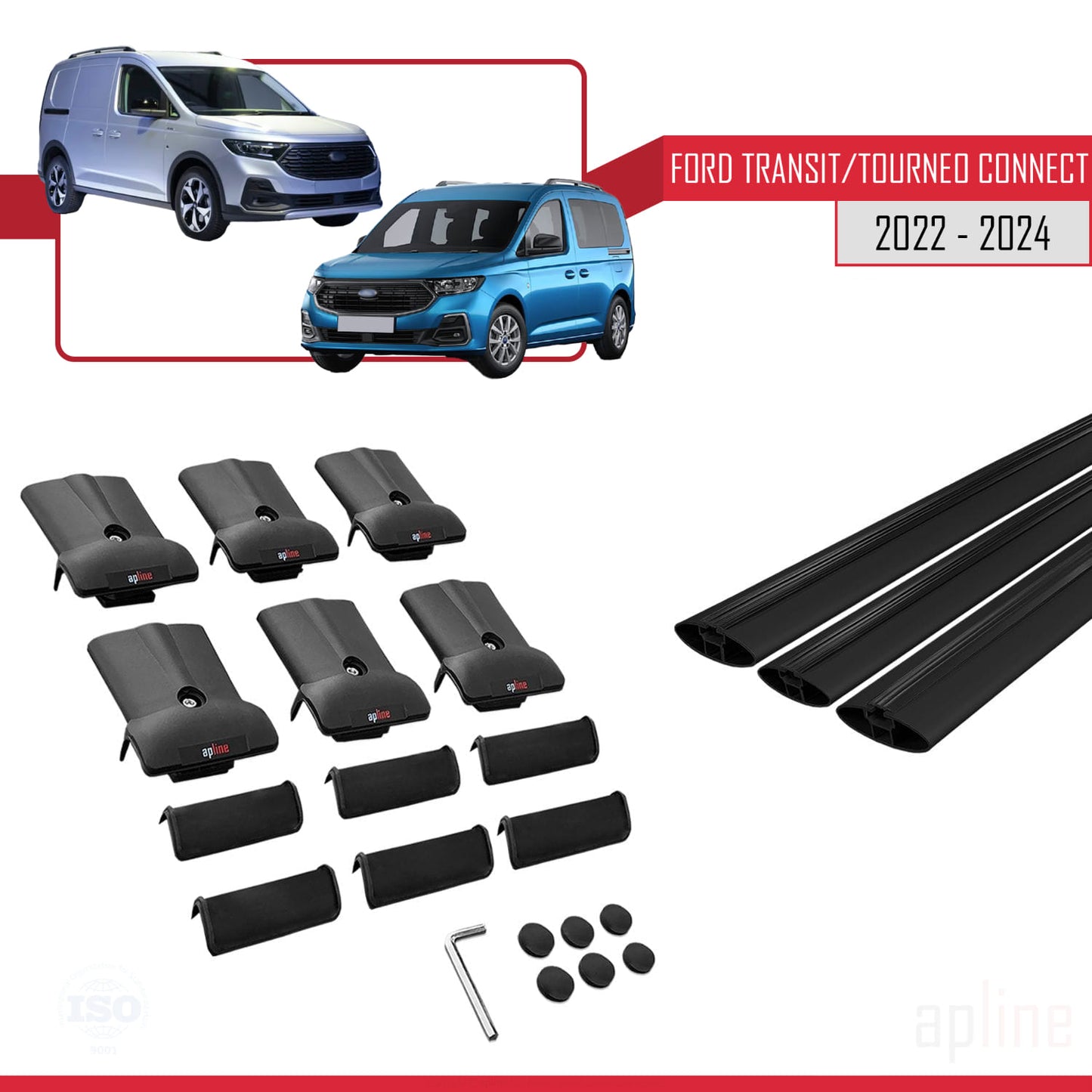 Compatibile con Ford Transit/Tourneo Connect 3 2022-2025 modello FLY Barre portatutto per auto Portapacchi in alluminio nero 3 barre