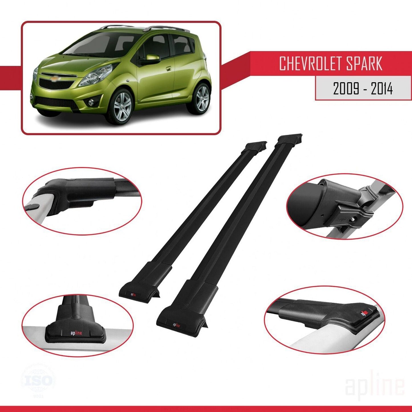 Compatibile con Chevrolet Spark (M300) 2009-2014 modello FLY Barre portatutto per auto Portapacchi in alluminio nero 2 barre