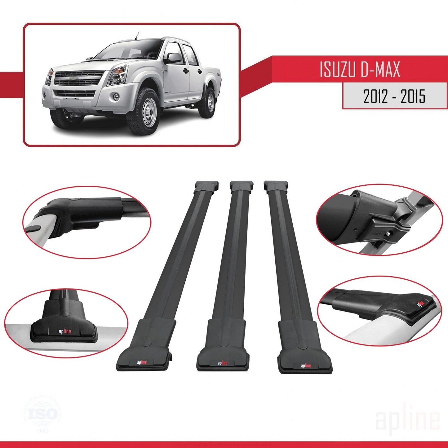 Compatible avec Isuzu D-Max 2 (RT50) Pre-Facelift 2012-2015 FLY Model Barres de Toit Railing Porte-Bagages de Voiture Noir Aluminium 3 Barres