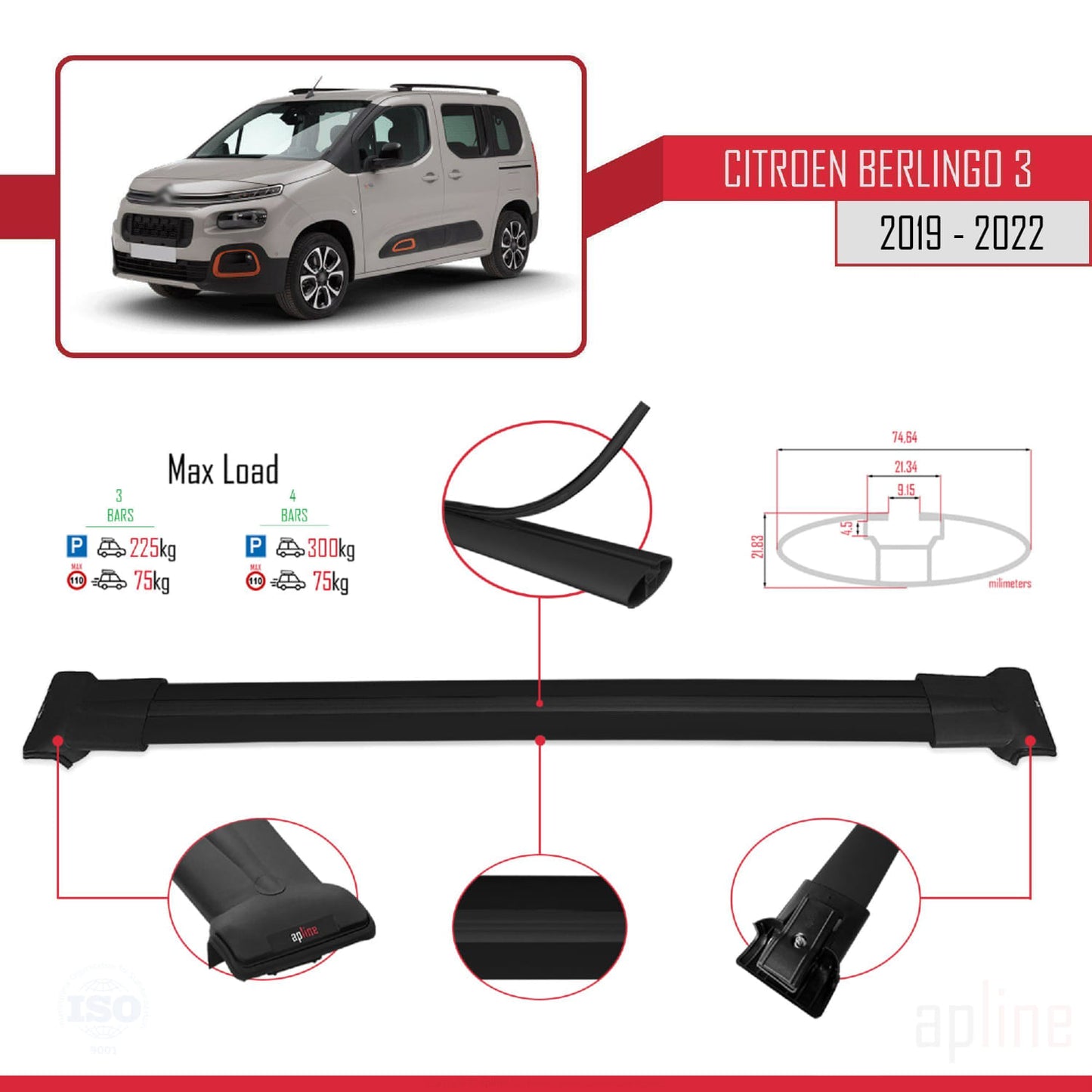 Compatibile con Citroen Berlingo 3 (K9) 2019-2022 modello FLY Barre portatutto per auto Portapacchi in alluminio nero 3 barre
