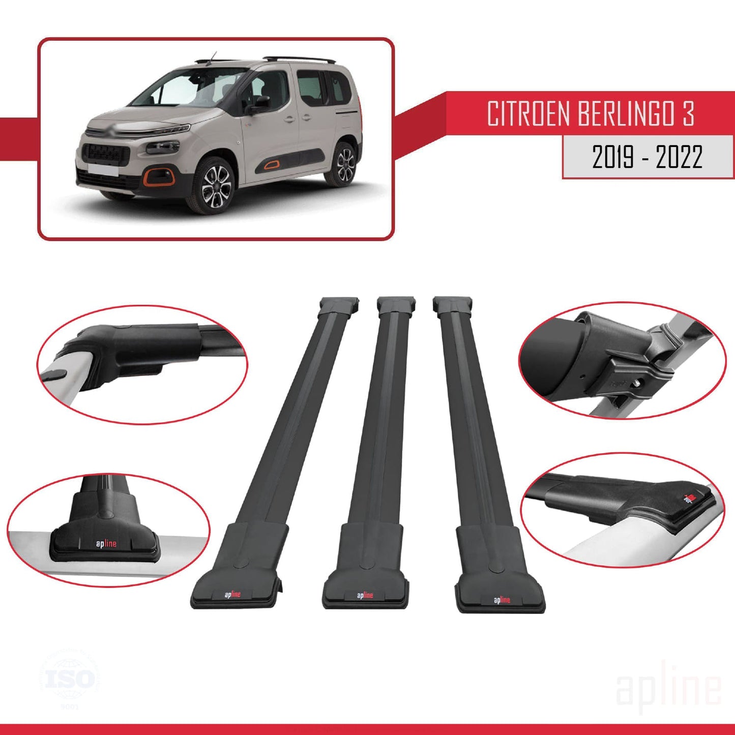 Compatibile con Citroen Berlingo 3 (K9) 2019-2022 modello FLY Barre portatutto per auto Portapacchi in alluminio nero 3 barre