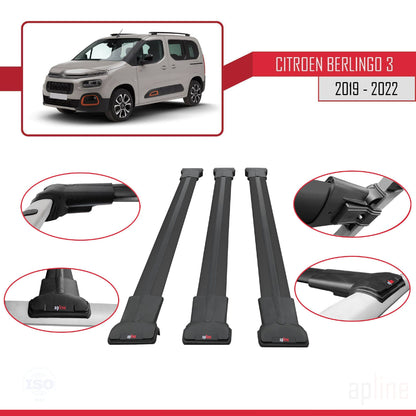 Compatibile con Citroen Berlingo 3 (K9) 2019-2022 modello FLY Barre portatutto per auto Portapacchi in alluminio nero 3 barre