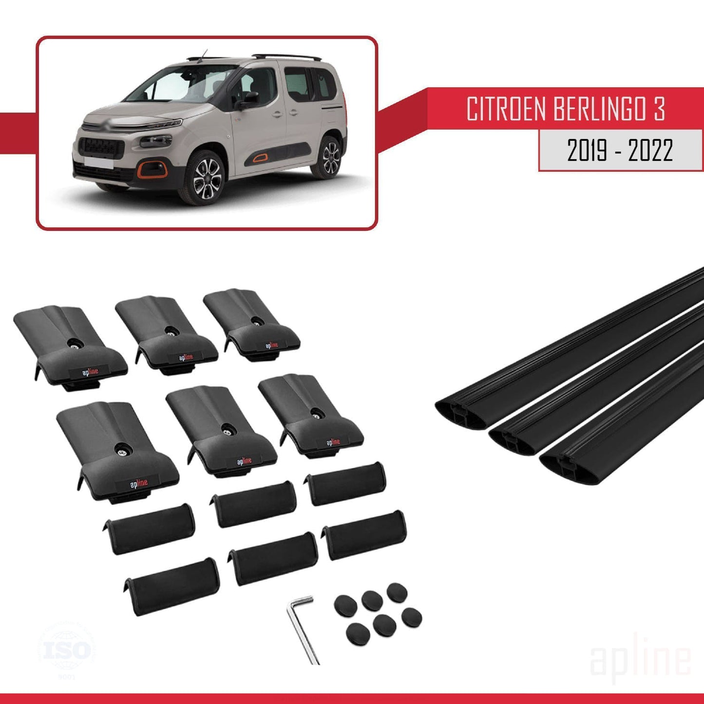 Compatibile con Citroen Berlingo 3 (K9) 2019-2022 modello FLY Barre portatutto per auto Portapacchi in alluminio nero 3 barre