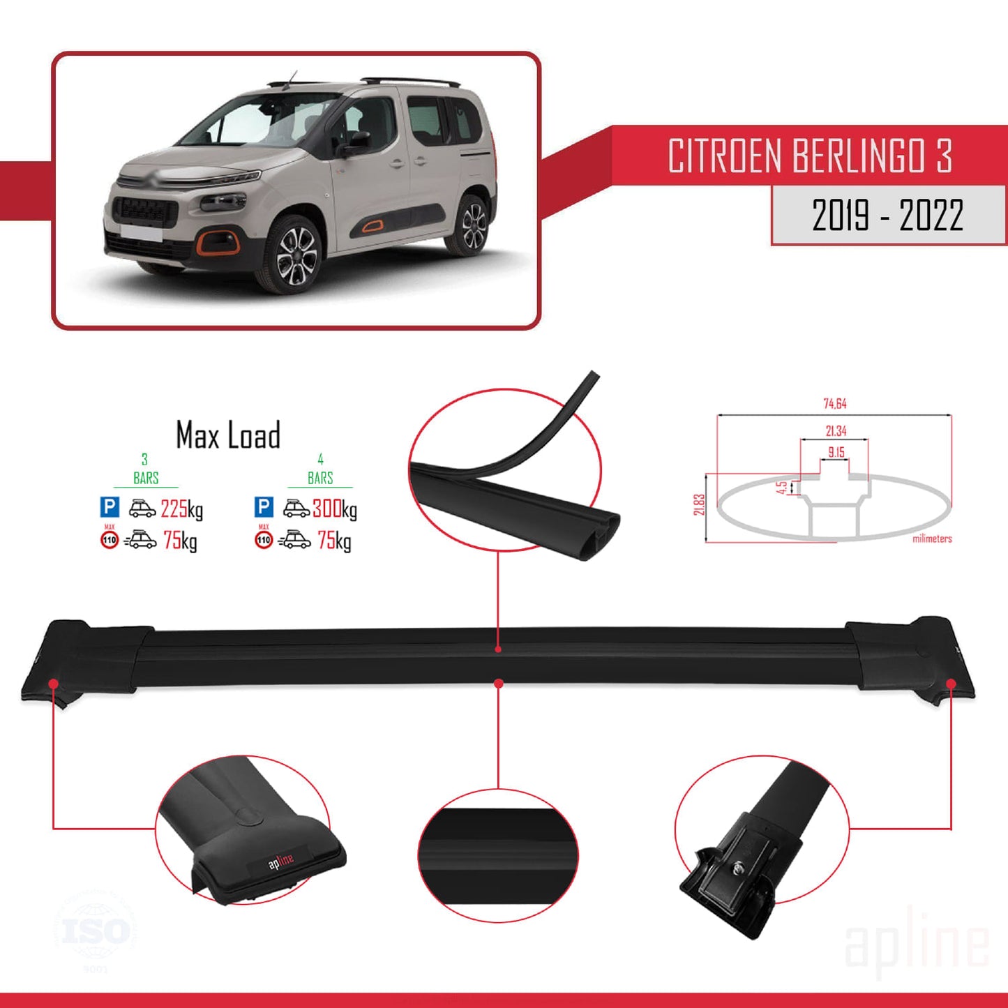 Compatibile con Citroen Berlingo 3 (K9) 2019-2022 modello FLY Barre portatutto per auto Portapacchi in alluminio nero 4 barre
