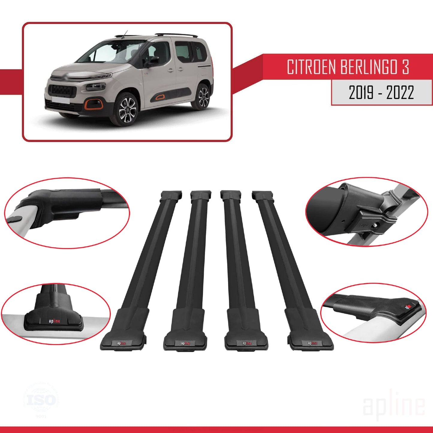 Compatibile con Citroen Berlingo 3 (K9) 2019-2022 modello FLY Barre portatutto per auto Portapacchi in alluminio nero 4 barre